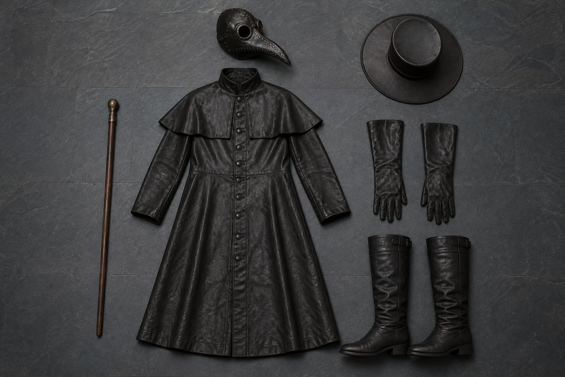 The full plague doctor costume laid flat and photographed from directly above on dark slate โ a waxed leather ankle-length overcoat, a wide-brimmed hat, gauntlet gloves, tall boots, a slim wooden cane, and the beaked mask