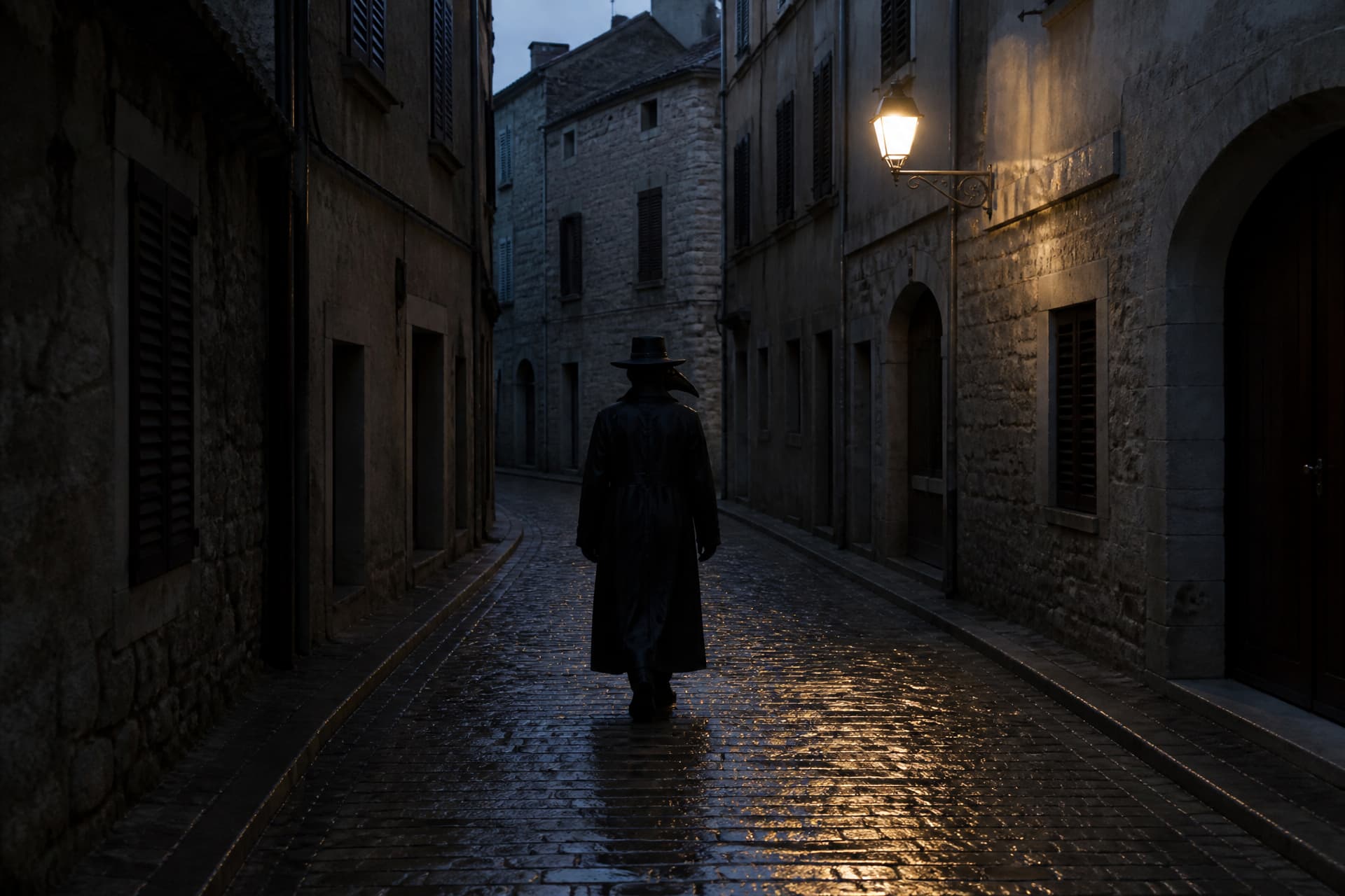 A single masked figure in a full-length plague doctor costume walking away down a narrow European stone street at dusk, seen from behind at a distance, with shuttered windows above and one lit lantern