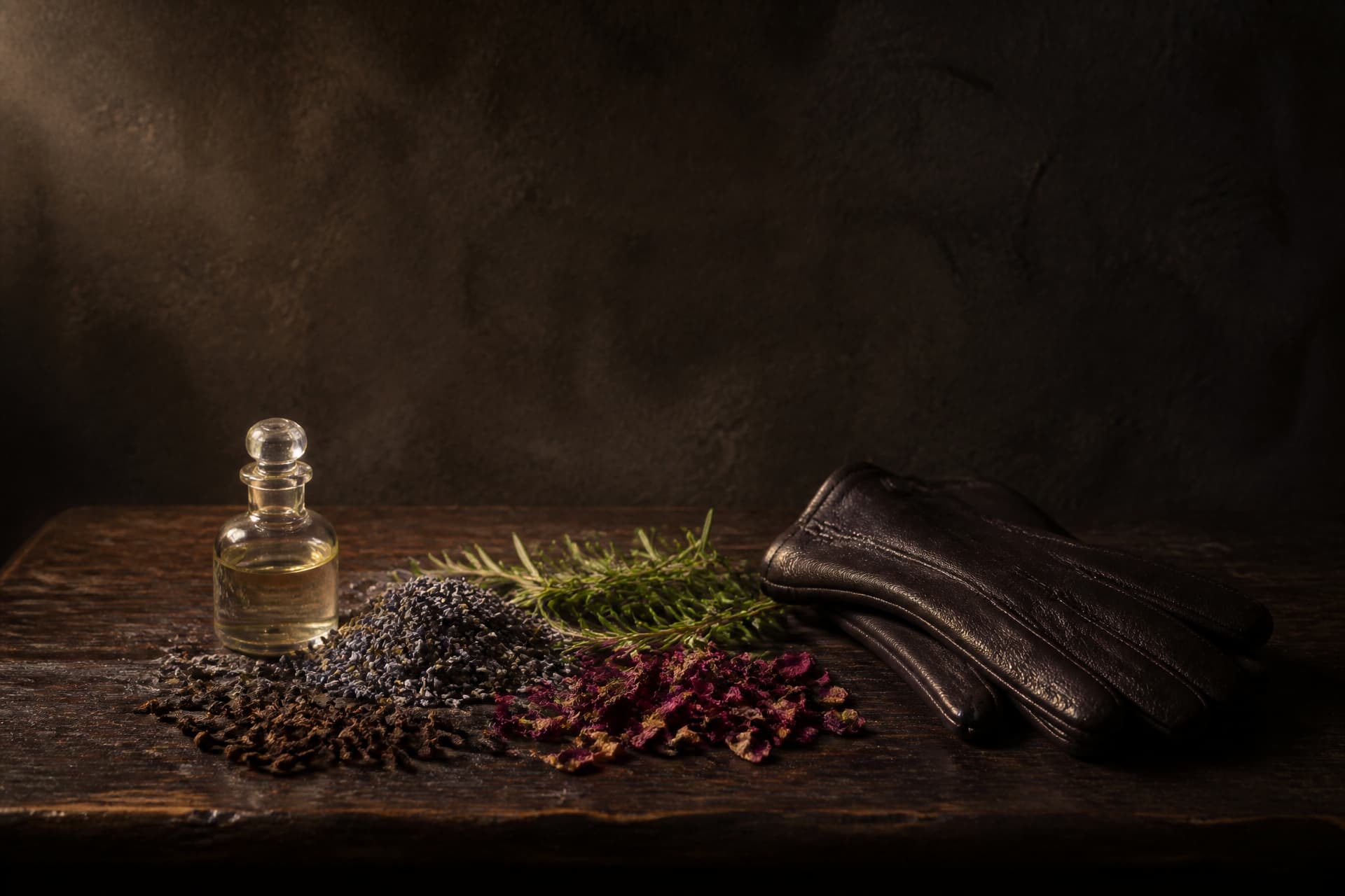 A still life on a dark oiled apothecary table showing dried lavender, rosemary sprigs, dried rose petals, whole cloves and a small stoppered glass vial beside a folded leather glove