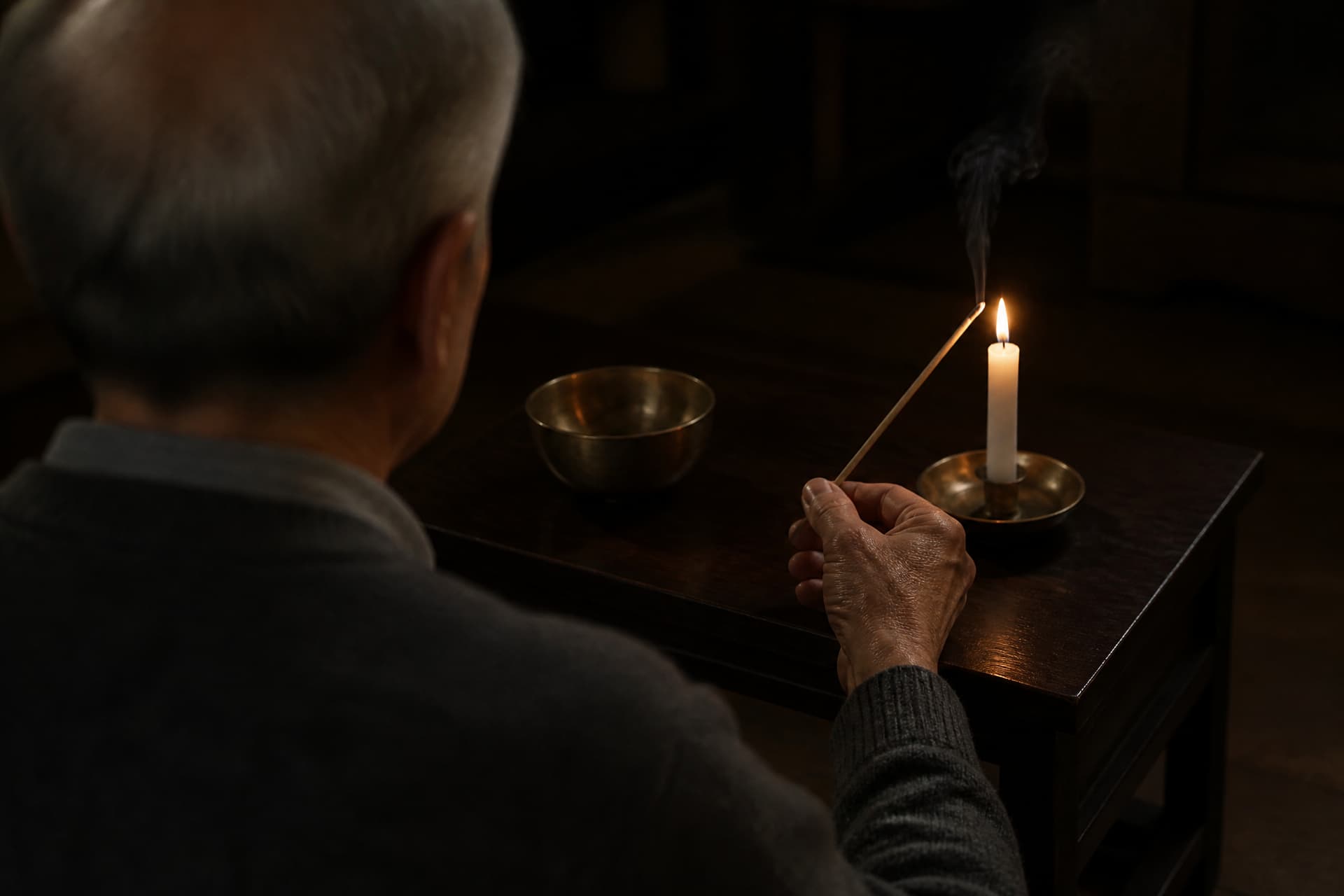 An older person's hand lighting a single stick of incense from a lit candle on a small side table, seen from behind and slightly above