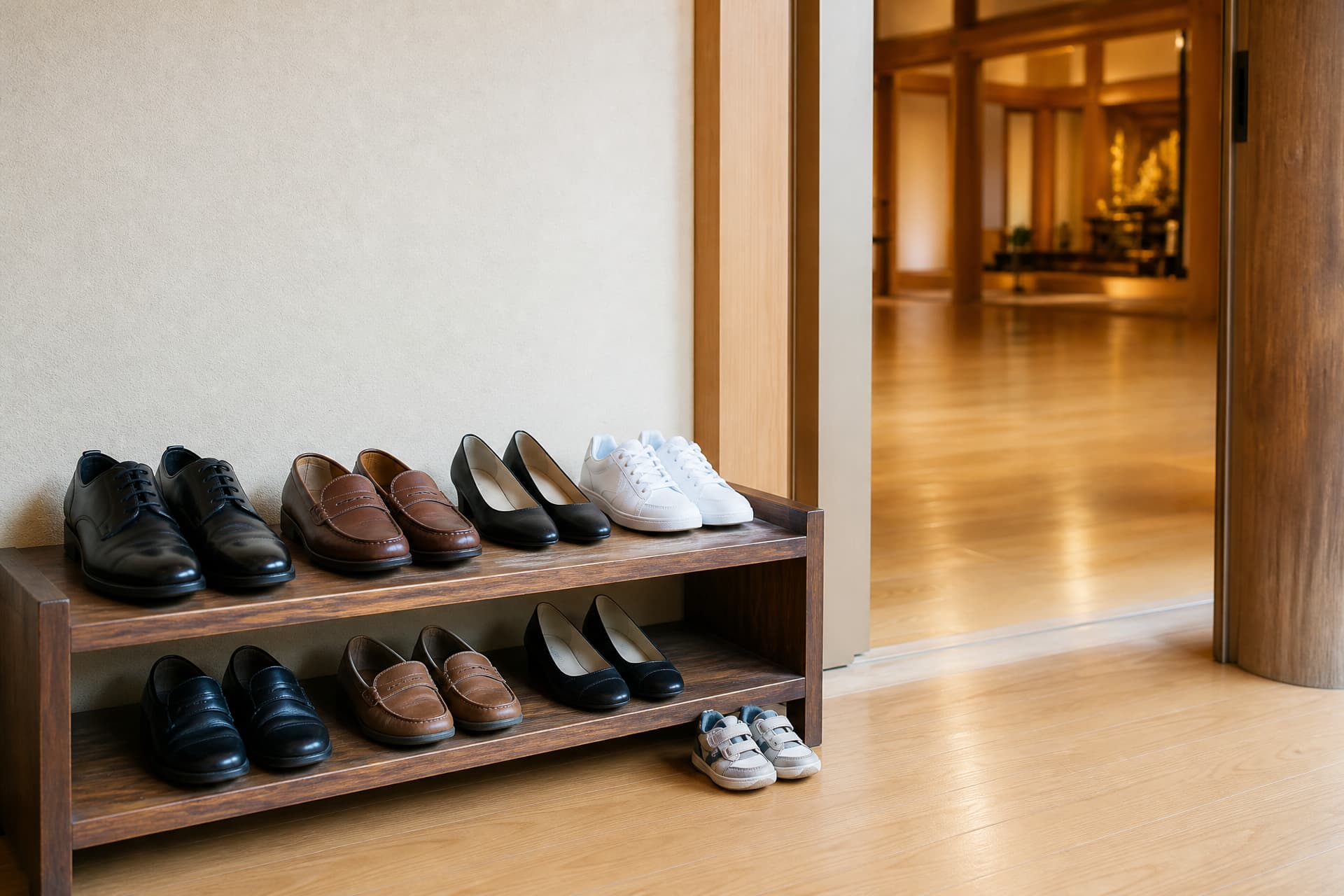 Pairs of ordinary dress shoes, loafers, low pumps, sneakers and one child's pair lined up neatly on a wooden rack beside the open doorway of a temple hall