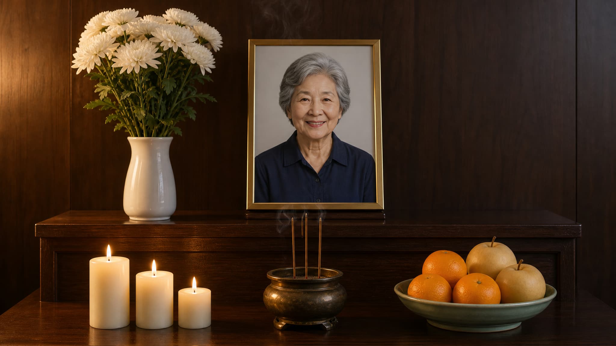 A temple memorial altar with three lit white candles, three sticks of incense in a bronze censer, white chrysanthemums, a bowl of oranges and pears, and a framed portrait of an older woman at the center