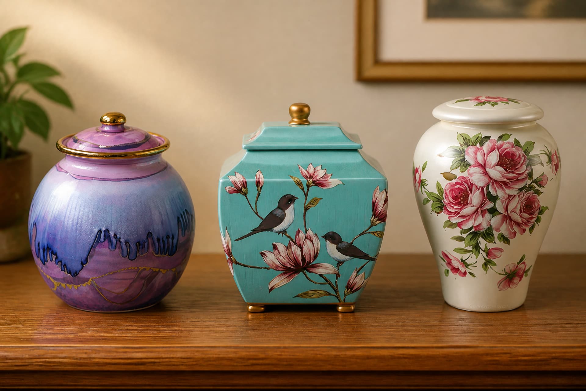 Three glazed ceramic cremation urns standing on a wooden sideboard in a softly lit room: a spherical iridescent purple urn with a gold rim, a teal square urn painted with birds and magnolia branches, and a cream urn with a painted spray of pink roses