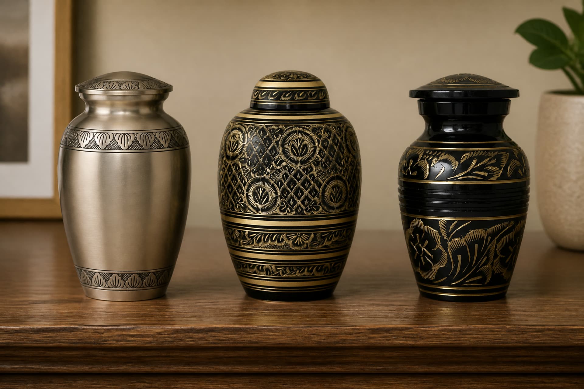 Three small keepsake urns standing side by side on a wooden shelf in a softly lit room: a plain pewter urn with engraved bands, and two black urns with gold engraved lattice and floral patterns