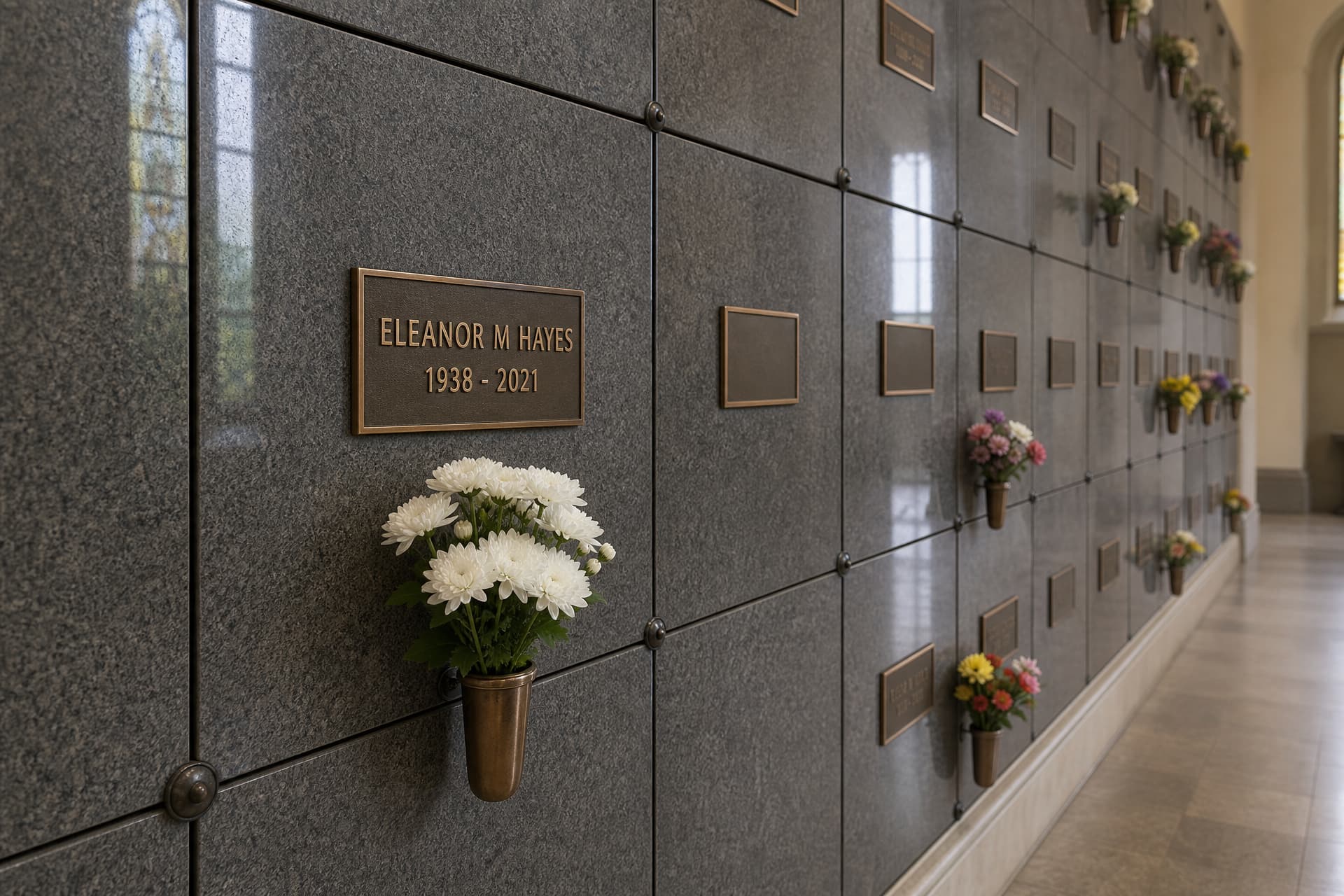 A wall of granite columbarium niches photographed at a three-quarter angle so the rows recede, each niche front carrying a small bronze name plate, with fresh white chrysanthemums in the holder below one niche at the center
