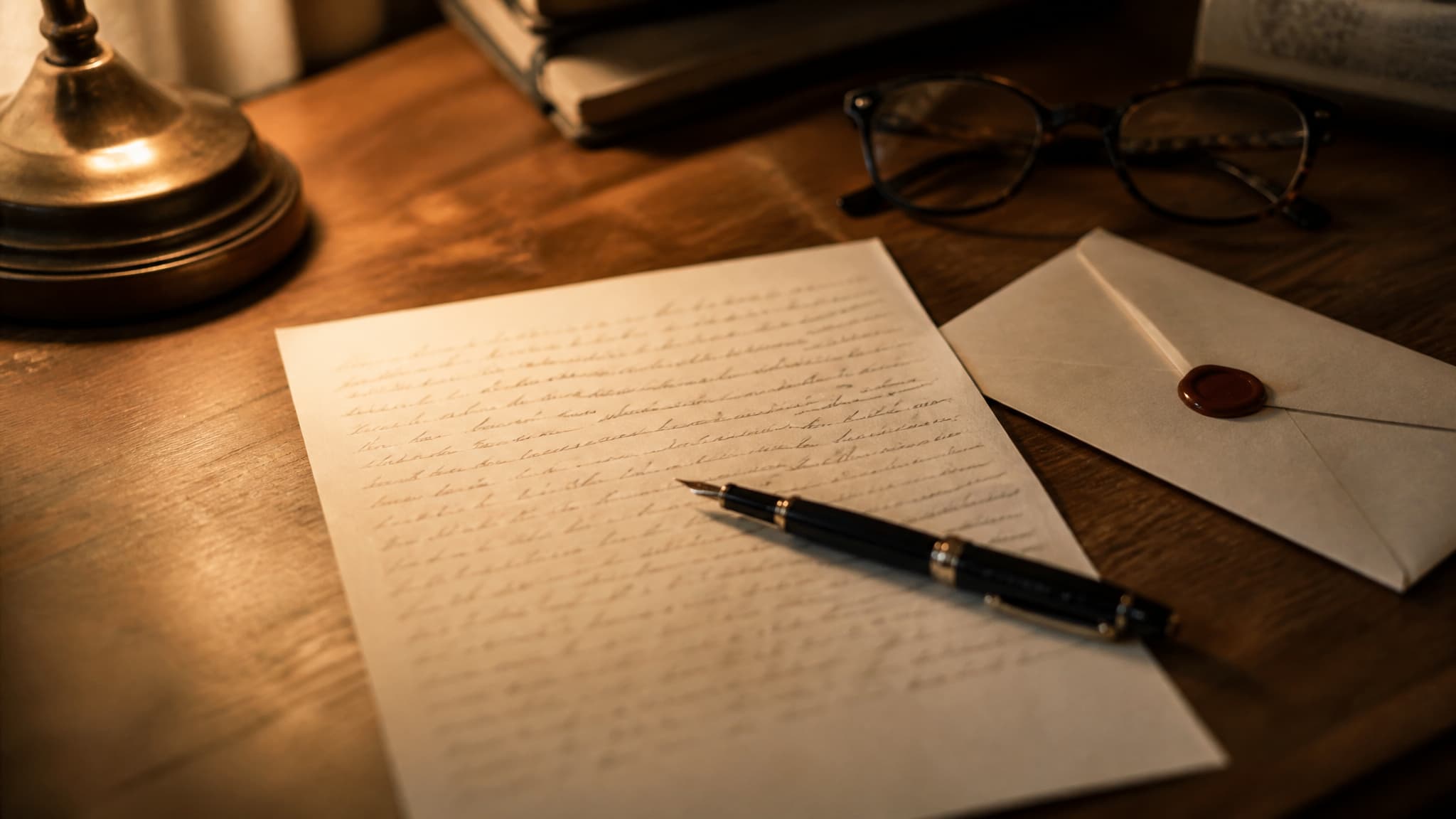 A handwritten letter on cream paper on a wooden desk under warm lamplight, a fountain pen resting across it, a cream envelope closed with a red wax seal alongside, and a pair of reading glasses behind