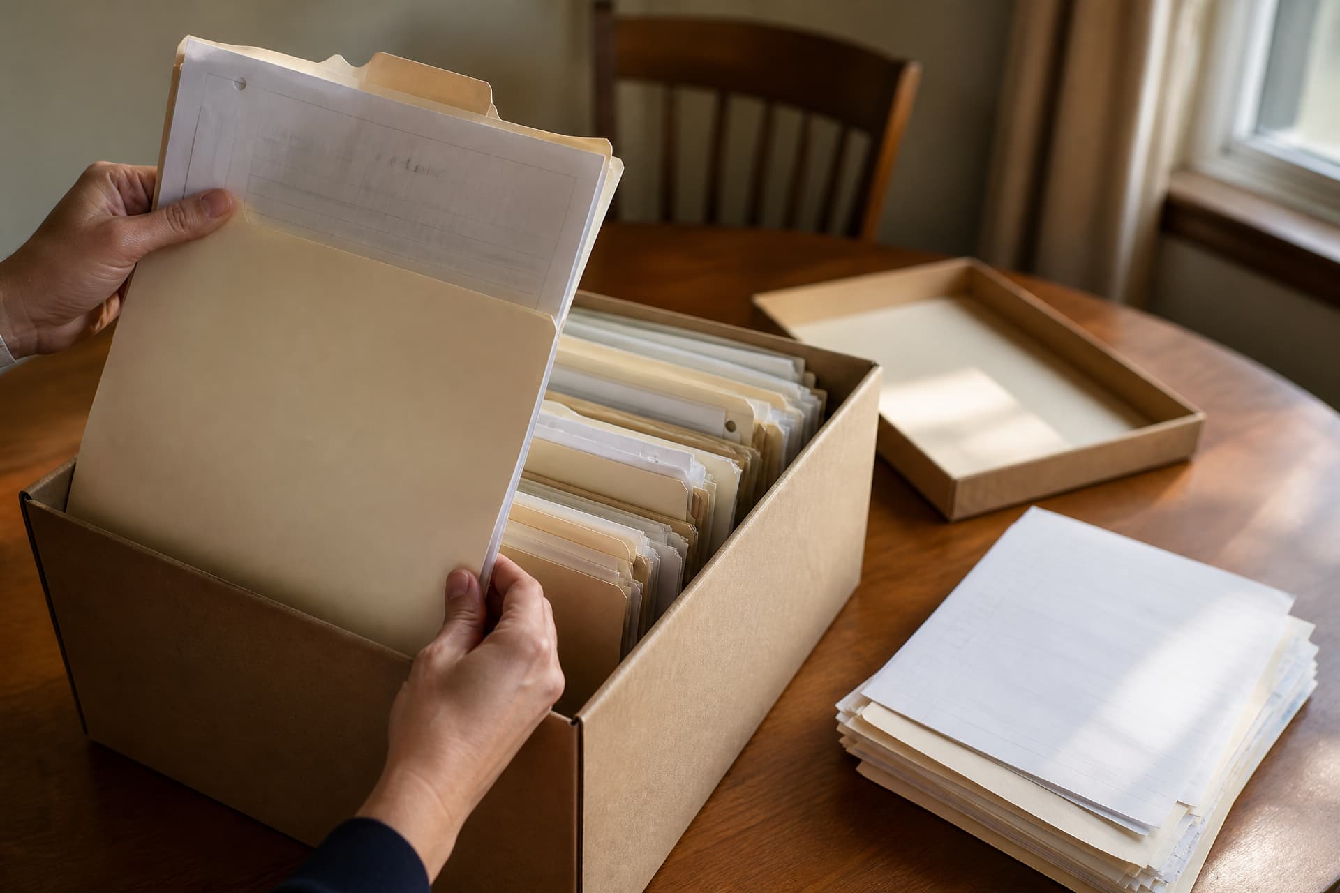 An open cardboard document box on a dining table filled with upright manila folders, a pair of hands lifting one folder partly out, the lid set aside and a stack of loose papers beside it in warm afternoon light