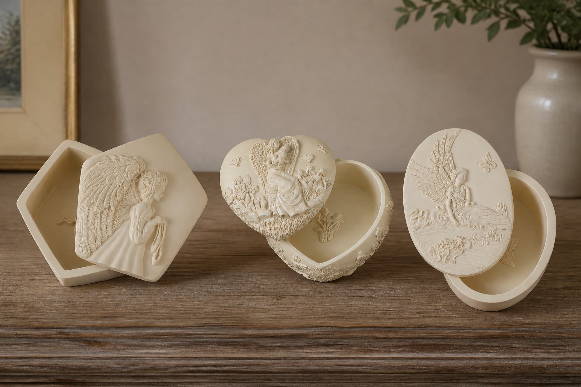 Three cream carved-resin keepsake boxes on a wooden shelf with their lids set ajar, one pentagonal with a standing angel, one heart-shaped with an angel among flowers, one oval with an angel beside water and swans