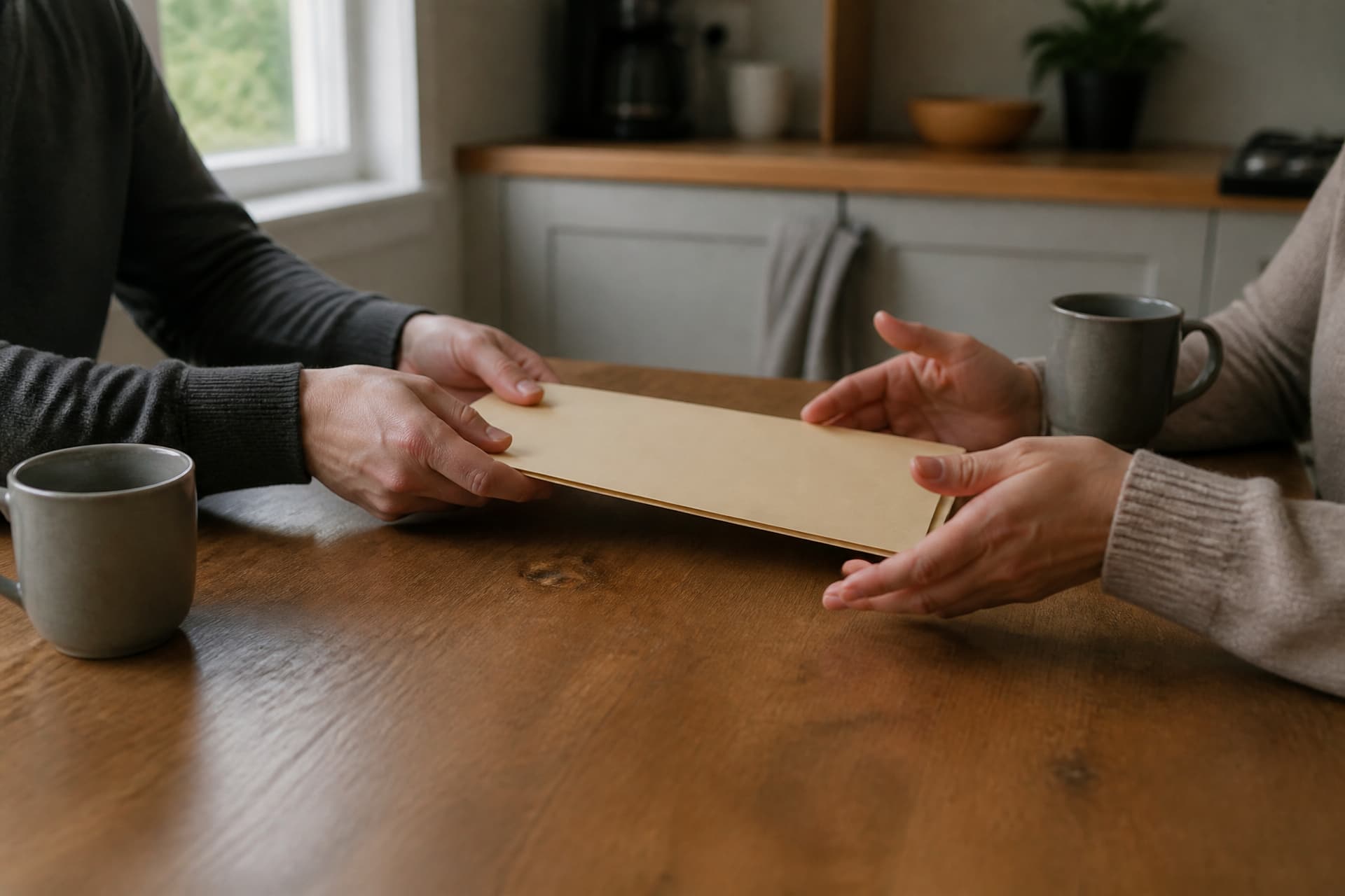 Two people at a kitchen table seen from the chest down, one sliding a plain manila folder across the table to the other, who is reaching to take it, two mugs beside them in soft daylight