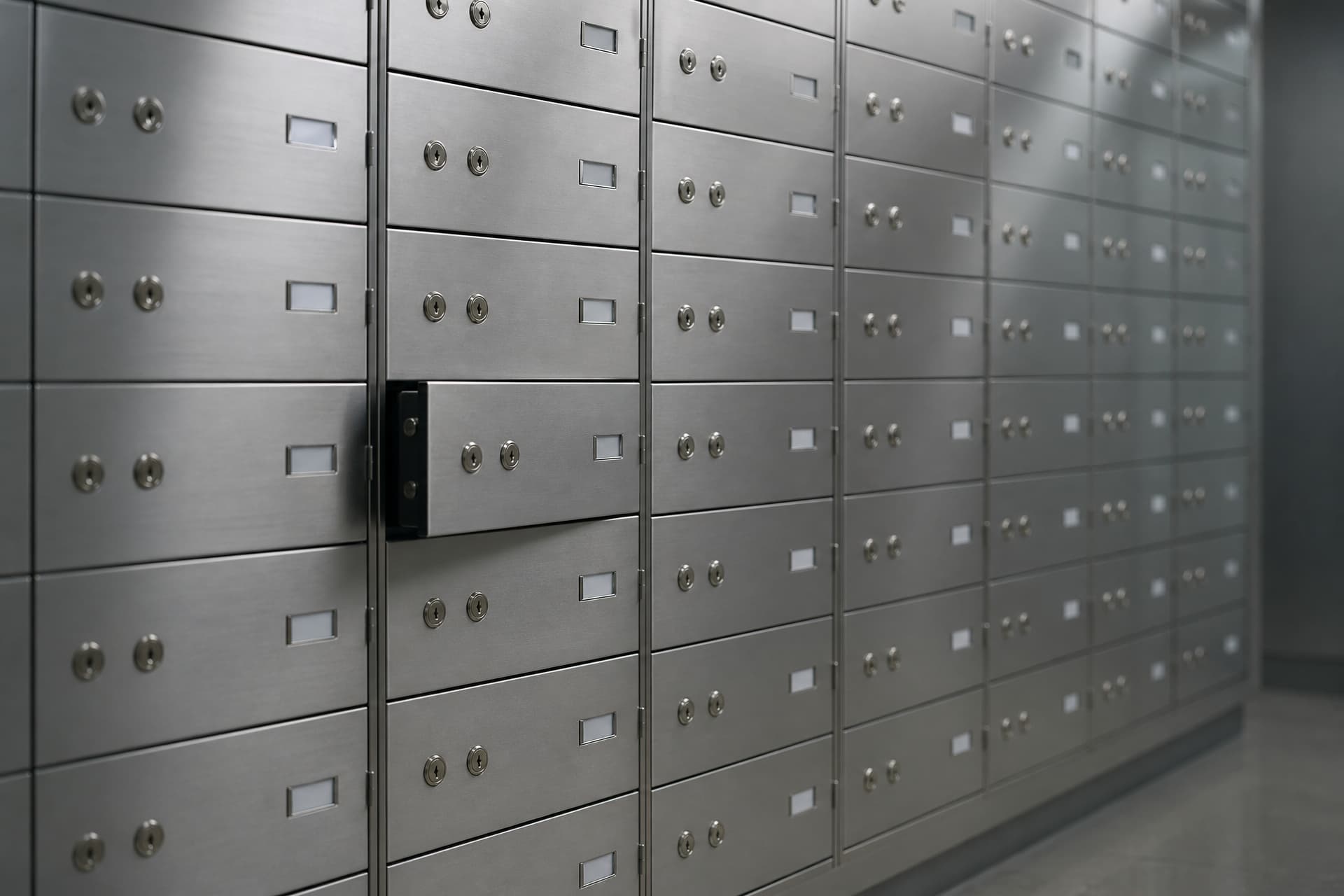A wall of small brushed-steel safe deposit box doors in a bank vault, each with two keyholes and a blank cardholder, one door slightly ajar, under cool overhead light