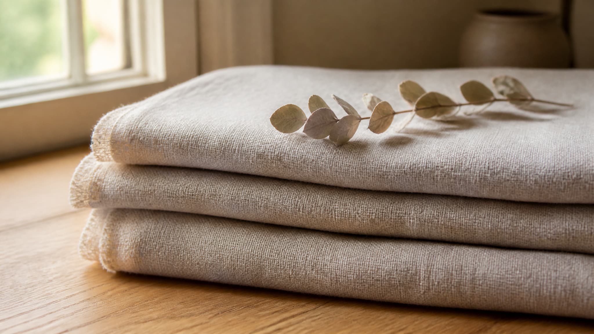 A folded length of undyed natural linen resting on a light oak table beside a window, a sprig of dried eucalyptus laid across the fabric