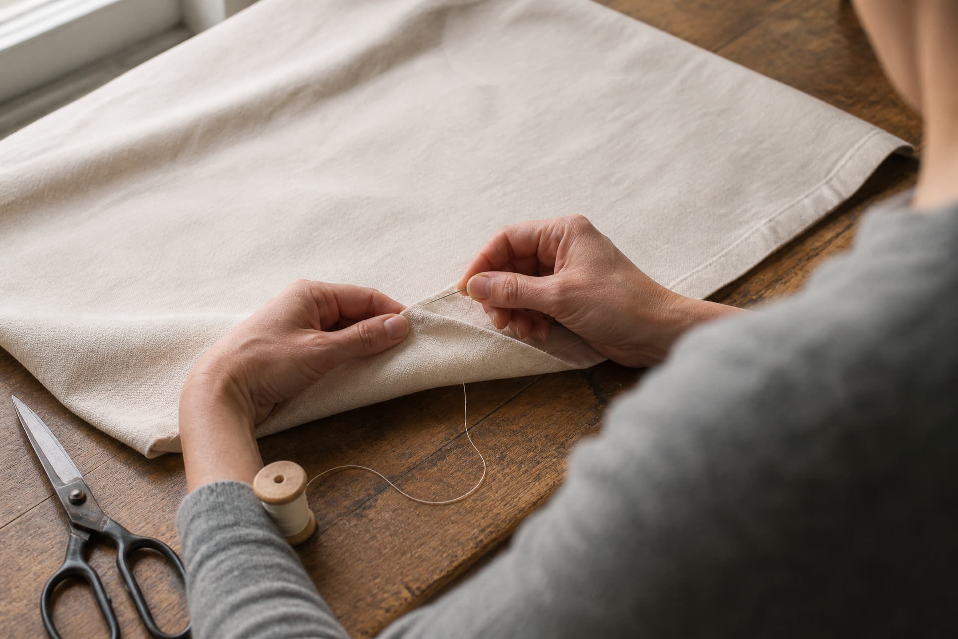 Over-the-shoulder view of a person's hands hemming a wide panel of unbleached cotton on a scrubbed wooden work table, with dressmaker's shears and a wooden spool of natural thread beside the fabric