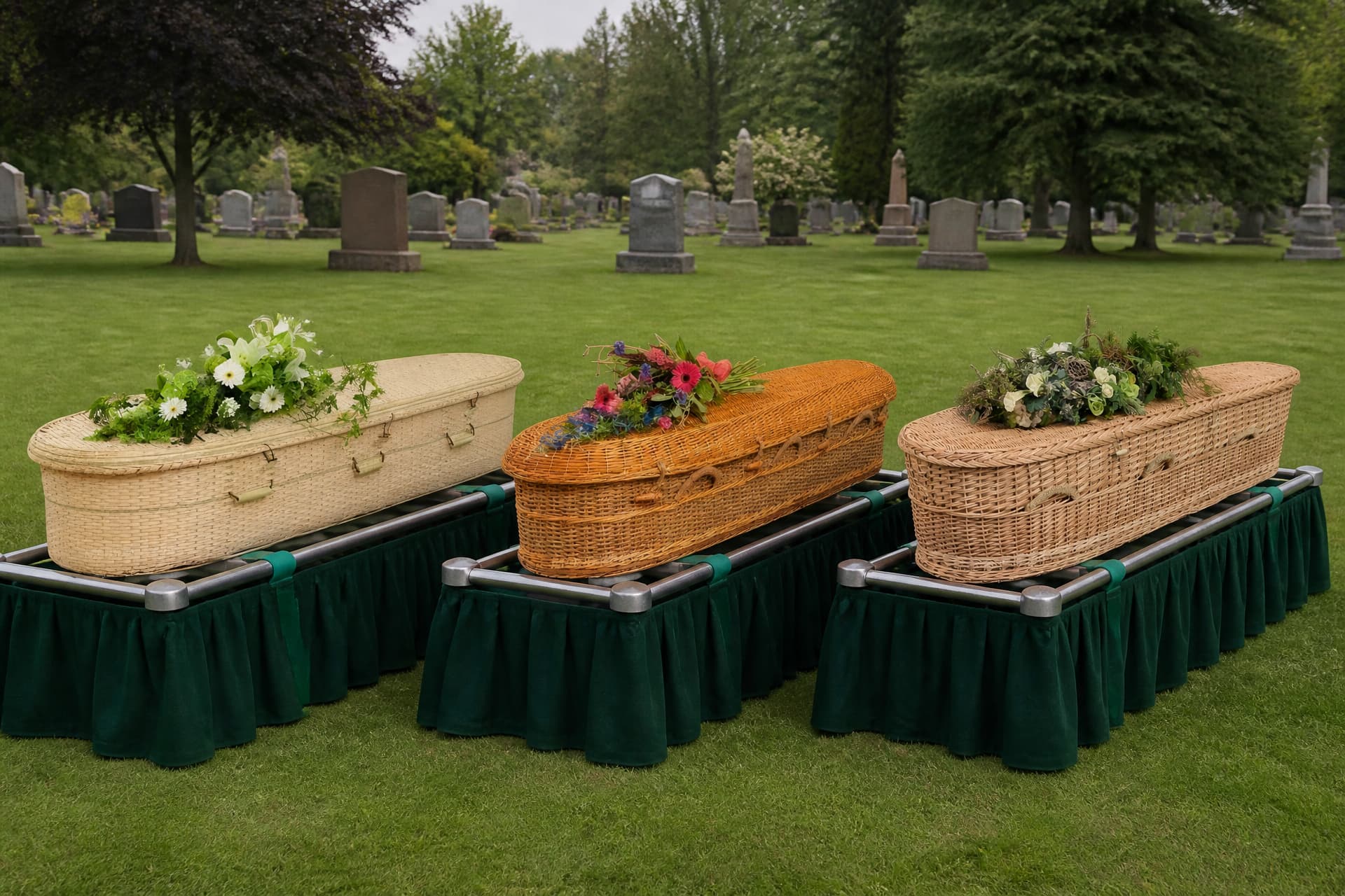 Three woven biodegradable caskets in bamboo, seagrass and willow, standing side by side on lowering devices on a cemetery lawn with their lids closed