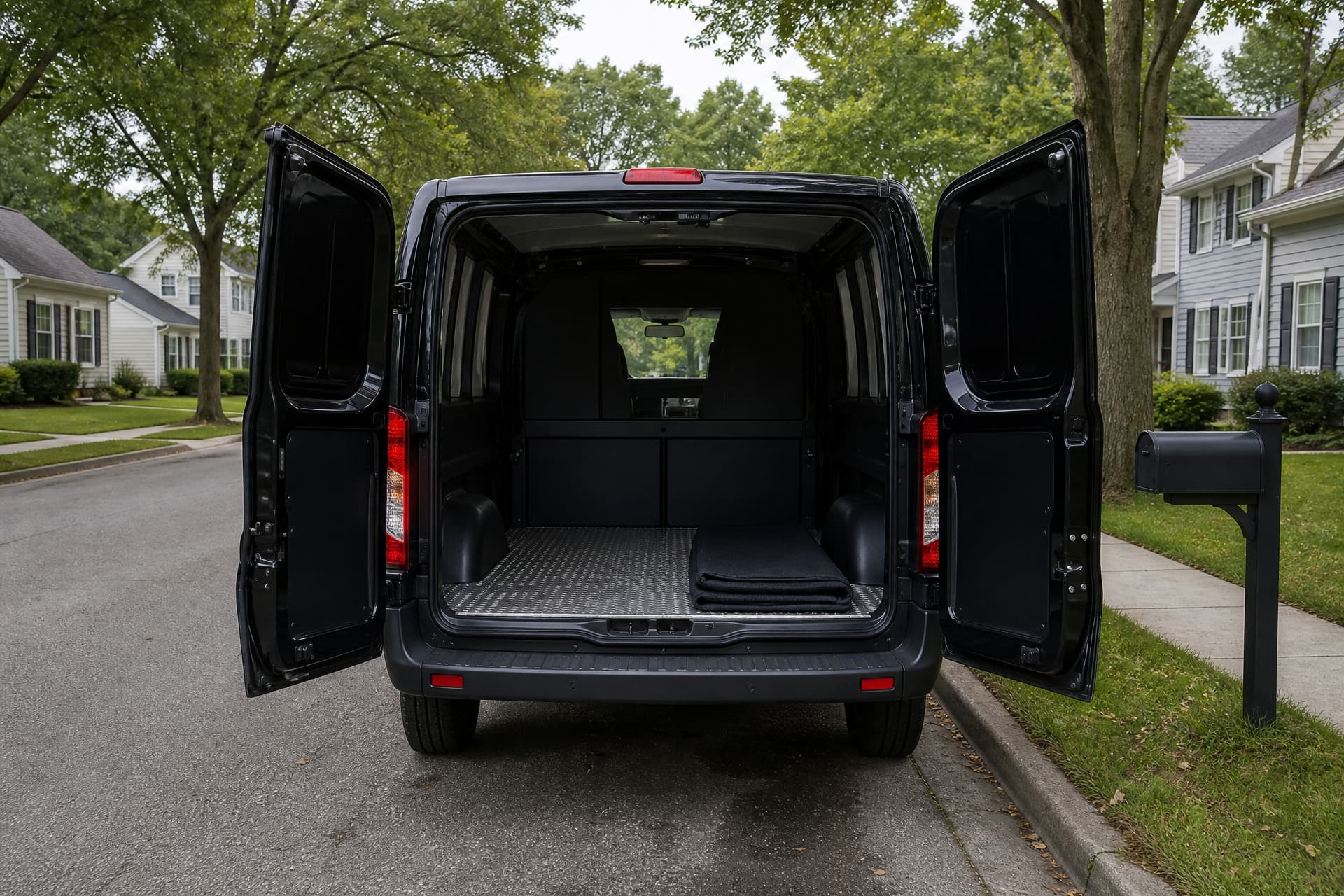 The open rear doors of a plain dark unmarked van parked at the curb on a quiet American suburban street in flat daylight, showing an empty flat metal deck and a folded cover inside, with clapboard houses, a mailbox and mature trees behind