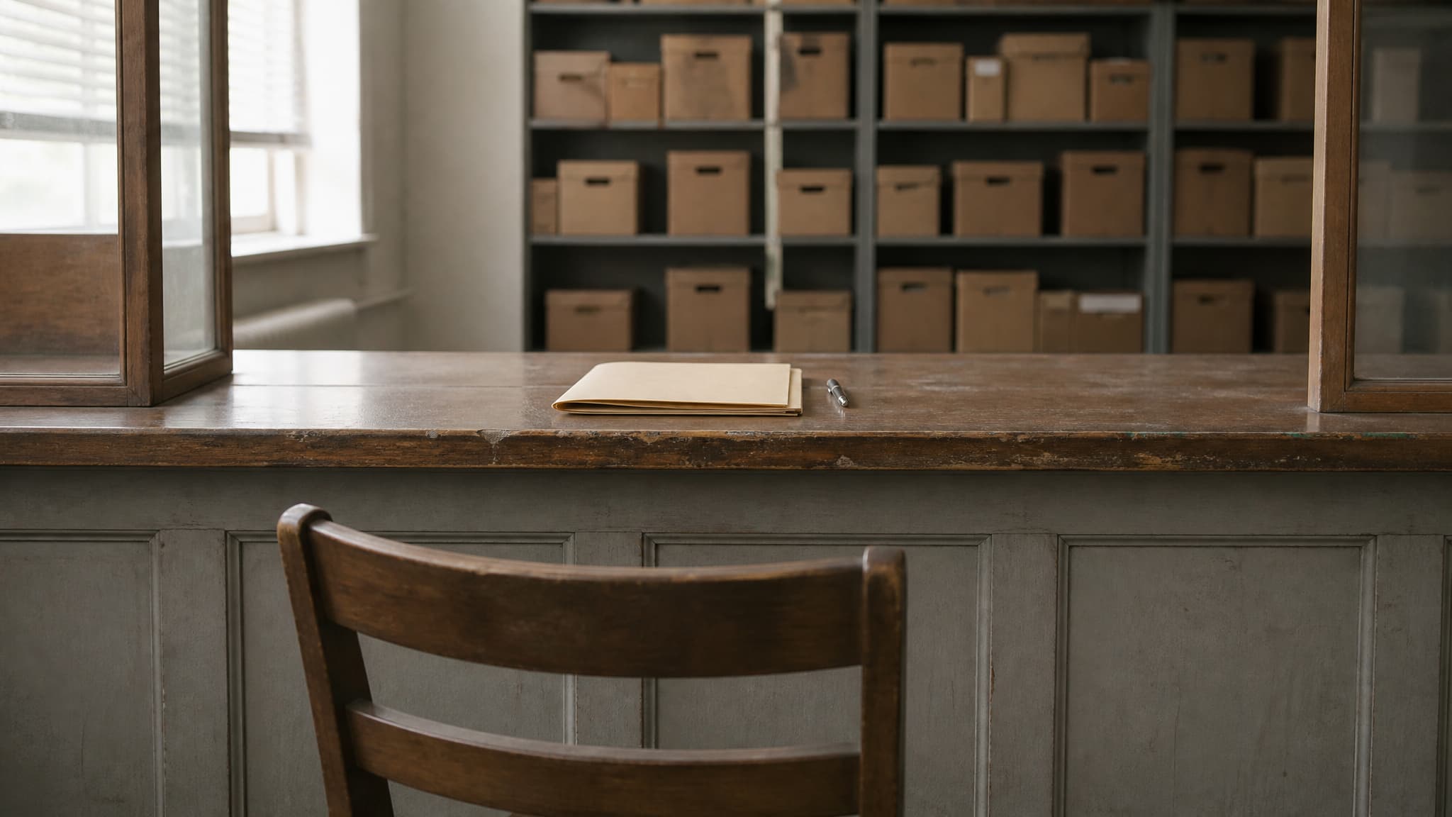 A plain municipal records counter in flat daylight, a closed manila folder and a pen resting on the worn wooden surface, an empty chair on the public side and shelved box files softly out of focus behind