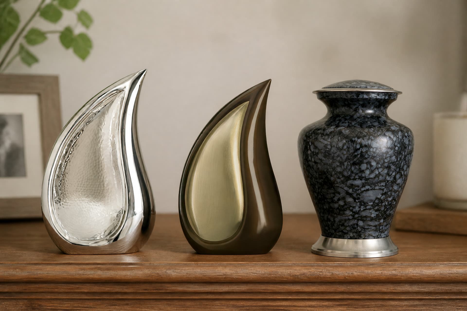 Three cremation urns of different materials on a plain neutral surface in soft daylight, a brushed metal cylinder, a patterned ceramic vase form and a simple dark wooden box, photographed straight on at eye level