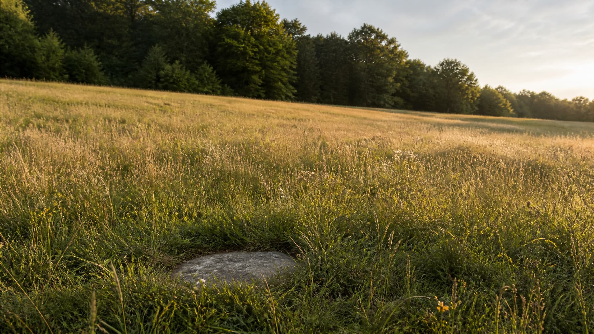 A natural burial meadow in late afternoon light with long uncut grass, wildflowers and a small flat fieldstone set into the ground, mature woodland along the far edge and no monuments or paths visible