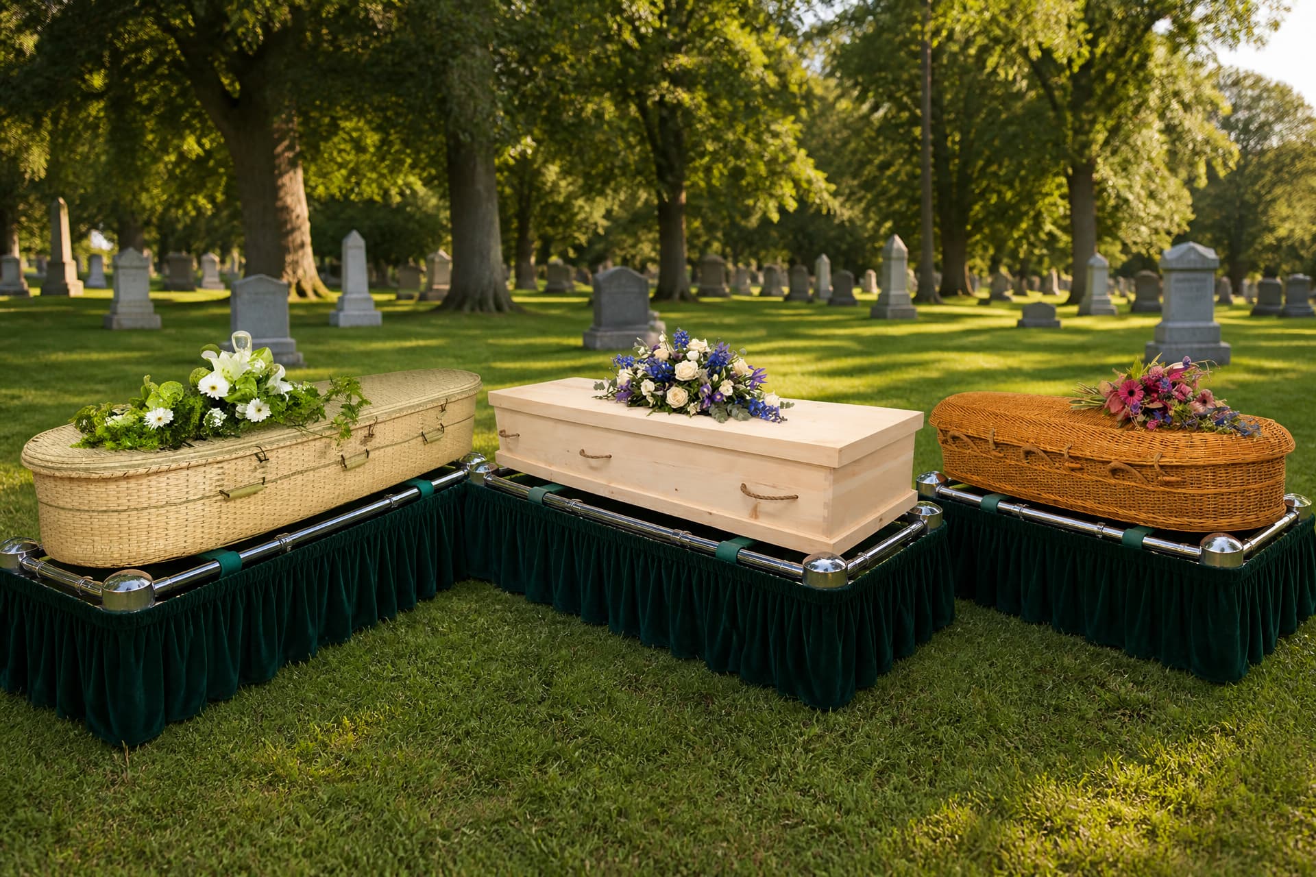Three biodegradable caskets on draped biers in a sunlit cemetery, a pale tight-woven bamboo one, a plain pale wood one and a coarse golden seagrass one, each with flowers on the lid