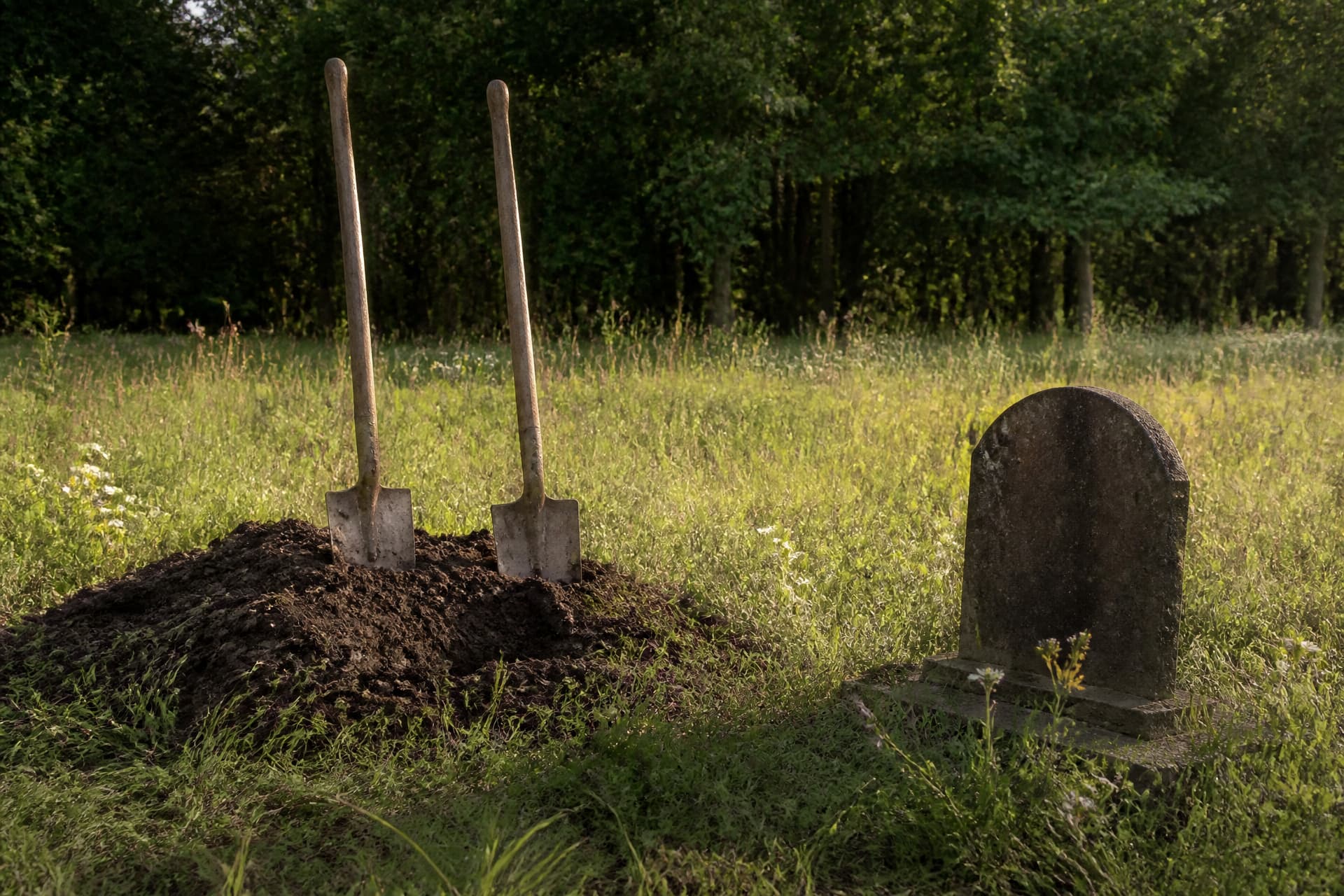 Two plain wooden-handled spades standing upright in a low heap of fresh dark soil beside a grave in a meadow burial ground, long grass and wildflowers around and a line of trees behind