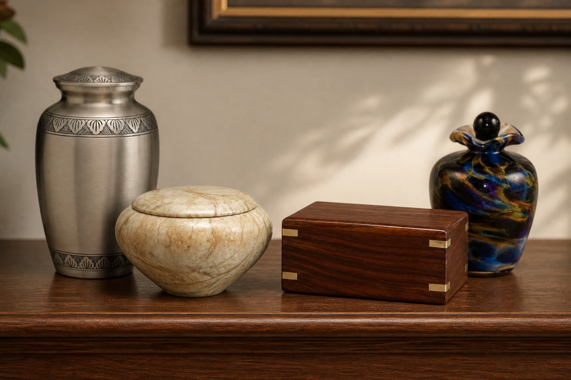 Four small keepsake vessels in different materials and finishes arranged on a plain low wooden shelf in soft directional light