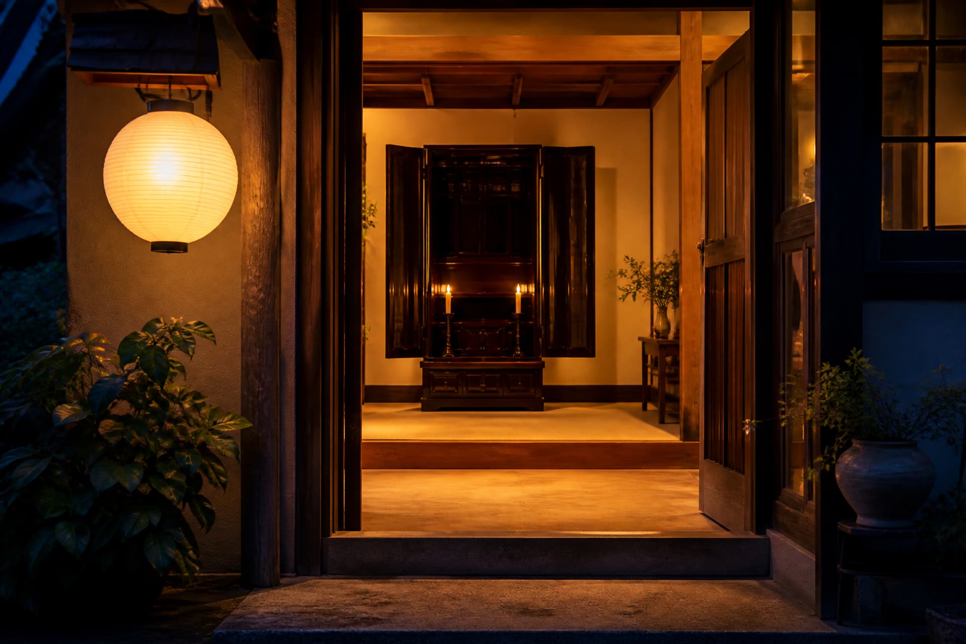 A lit paper lantern beside an open doorway on a summer evening, with a lacquered cabinet shrine visible inside the room and candles burning