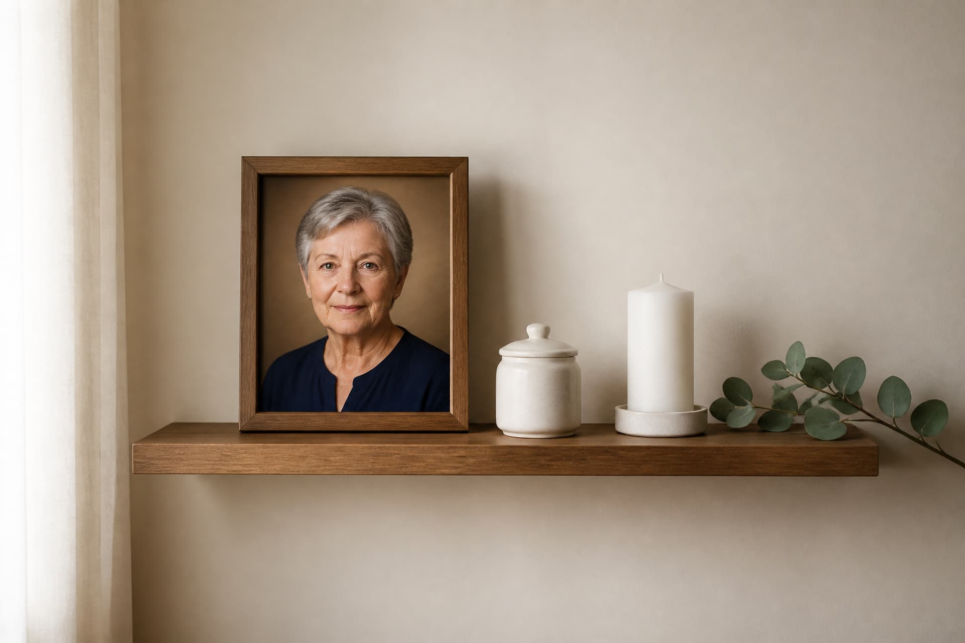 A simple American home shelf arranged as a remembrance space, holding a framed studio portrait of an older woman, a small white lidded vessel, an unlit candle in a plain holder and a sprig of eucalyptus against a plain painted wall