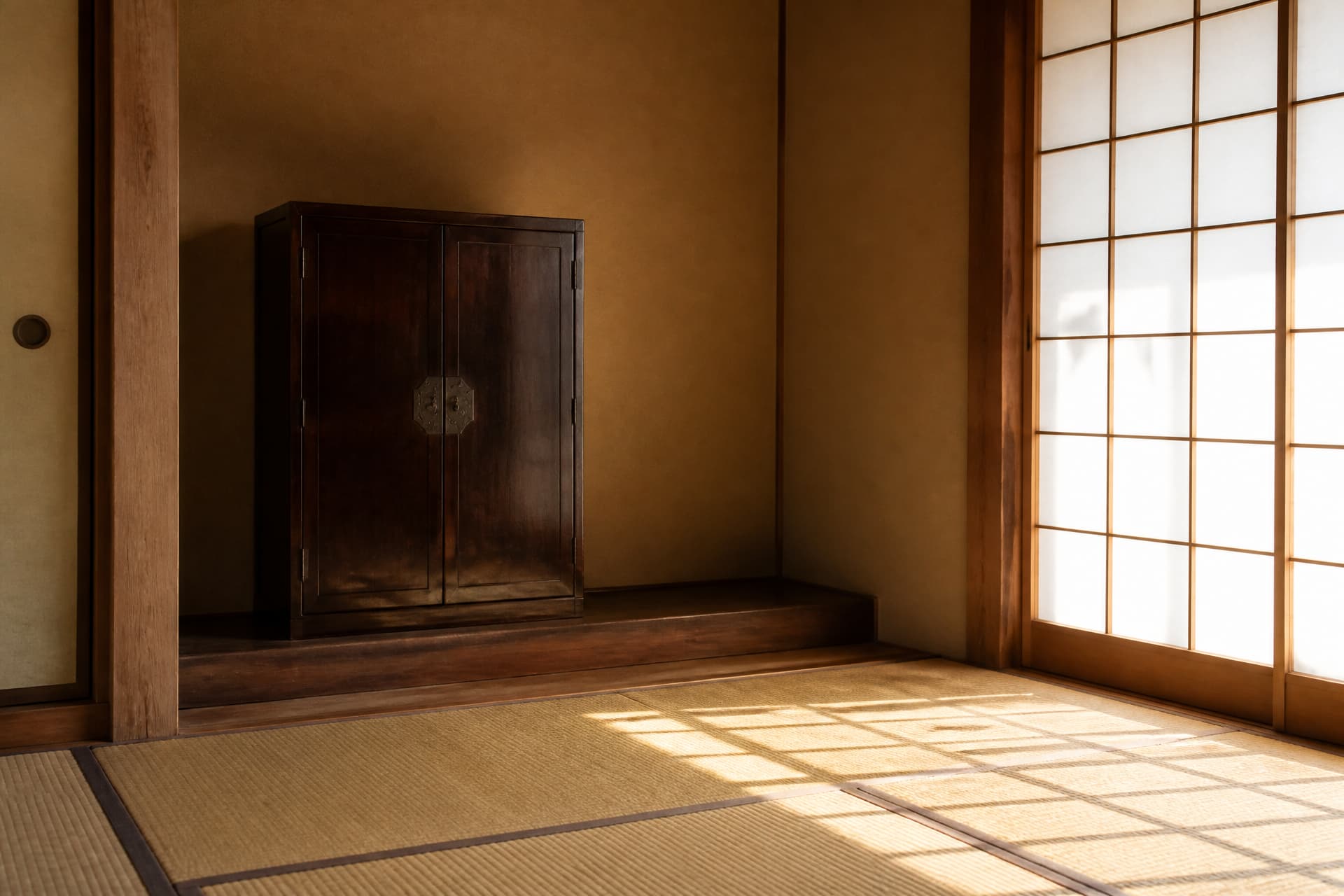 A traditional Japanese room with tatami flooring and a recessed alcove holding a closed dark lacquered cabinet shrine, lit by afternoon light through a paper screen
