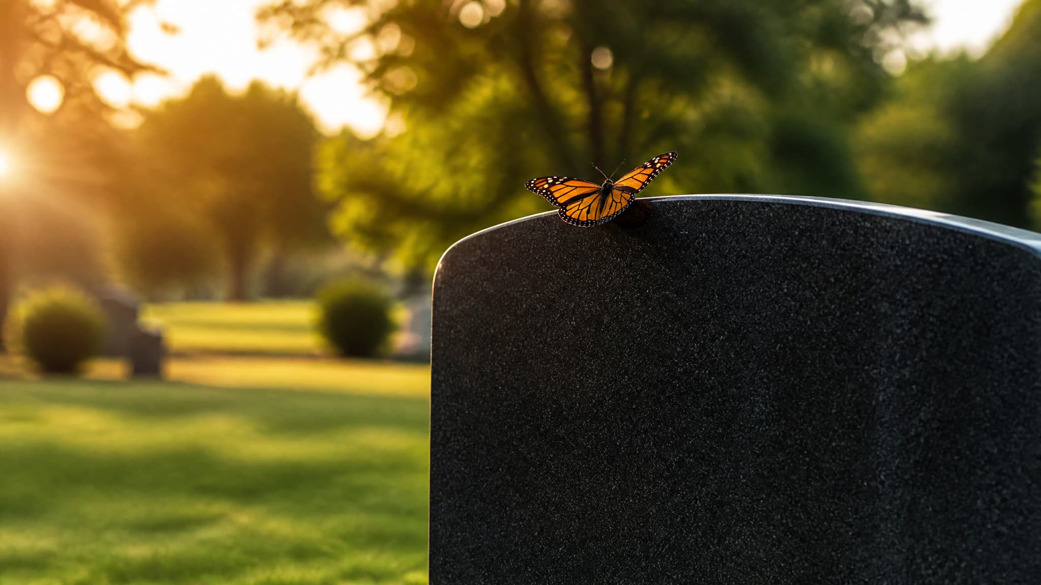 A monarch butterfly resting with open wings on the top edge of a polished granite headstone in a sunlit cemetery