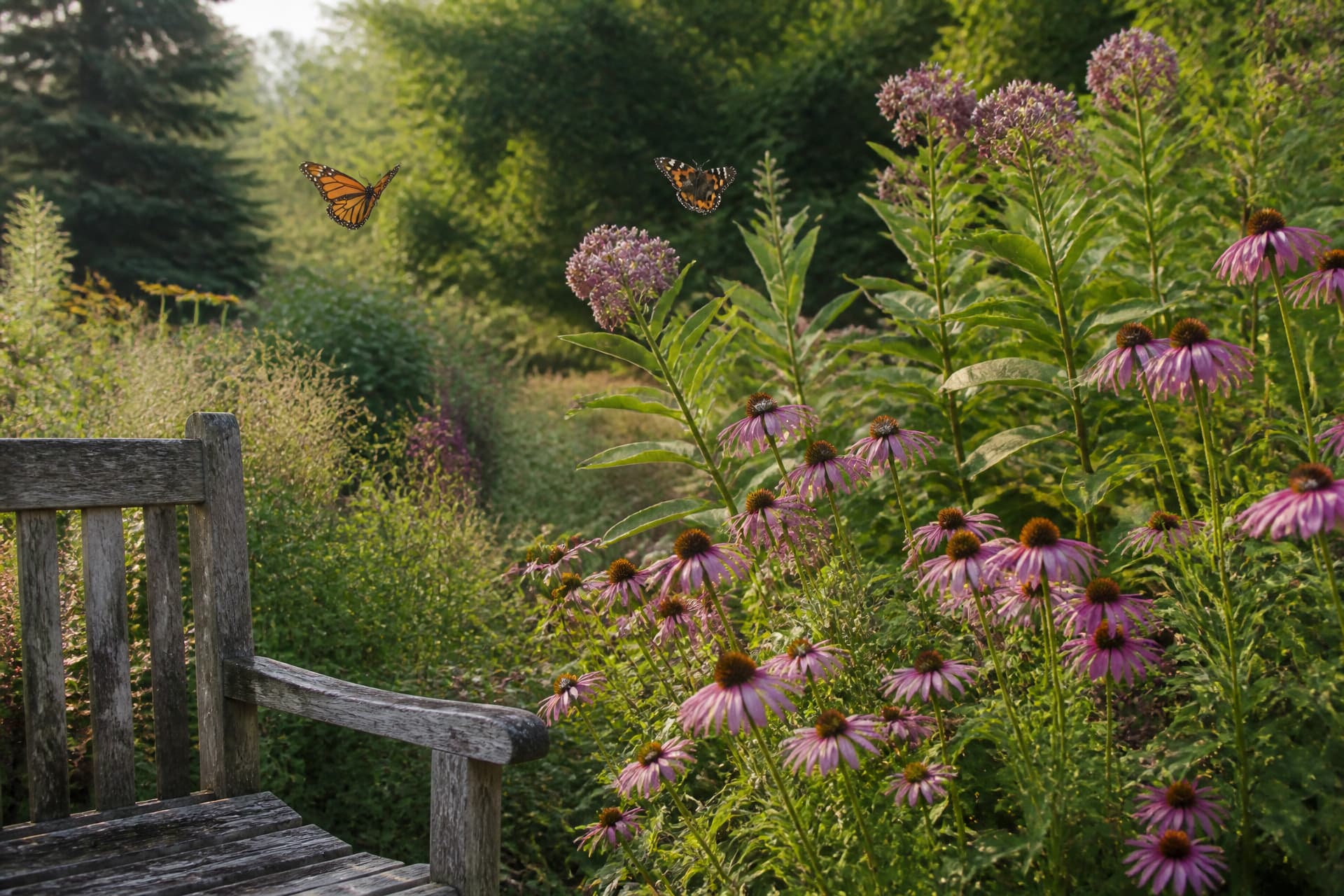 A small planted memorial garden in summer with coneflowers and milkweed, a weathered wooden bench at the edge of the frame and two butterflies in flight