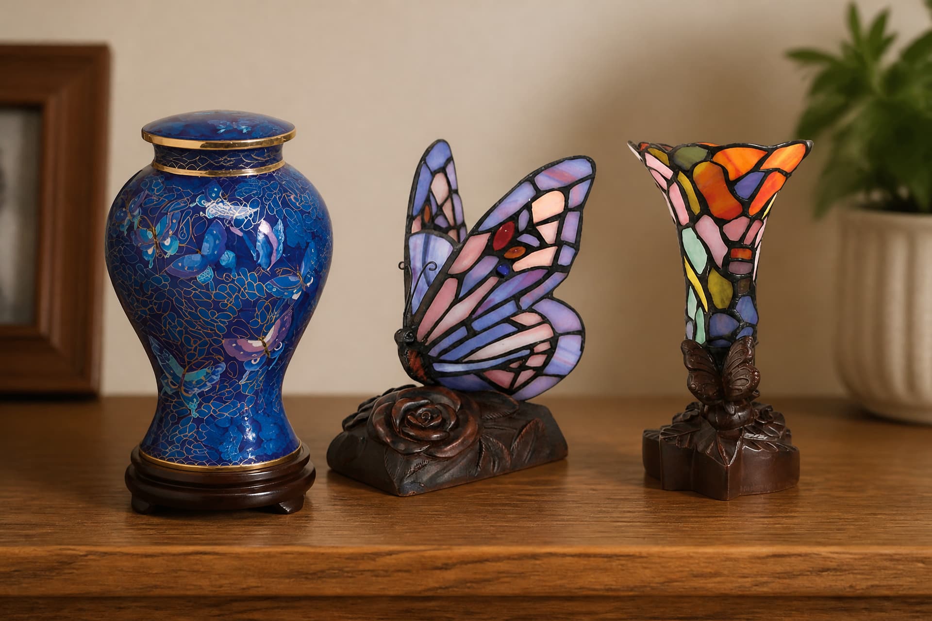 Three butterfly cremation urns standing on a wooden sideboard in soft window light, one a deep blue cloisonne jar, one a stained-glass butterfly keepsake on a carved base, one a flared stained-glass keepsake on a butterfly base