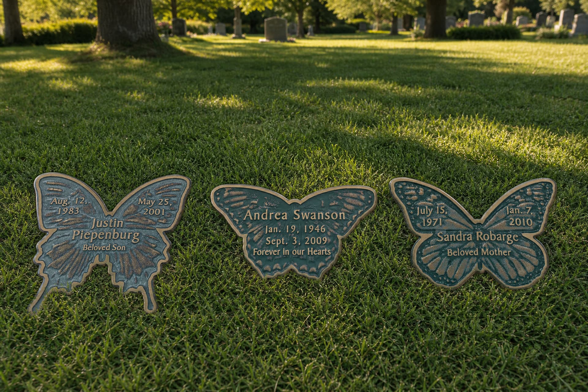 Three cast-bronze butterfly grave markers lying on mown cemetery grass in three different wing shapes, a swallowtail, an admiral and a monarch, each cast with a name and dates