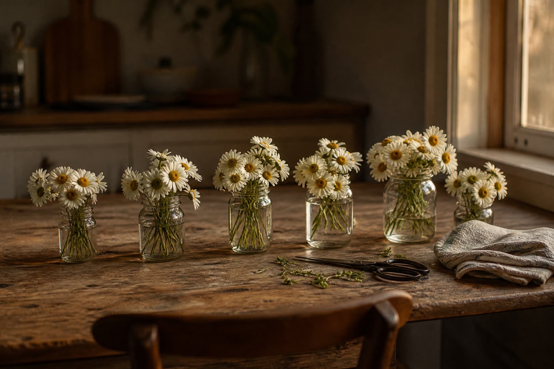 Six or seven plain glass jars of different sizes lined along a scrubbed wooden kitchen table, each holding a short loose bunch of white daisies, with scissors, trimmed stems and a folded tea towel beside them
