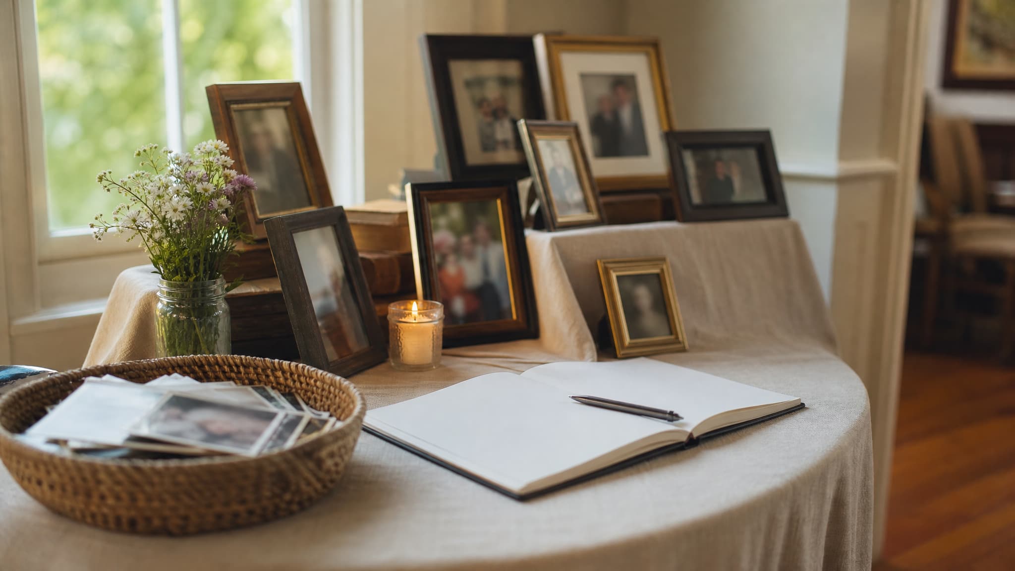 A table at the entrance to a celebration of life with framed photographs of varying sizes, a small vase of garden flowers, a candle and a guest book with a pen beside it, in warm natural light