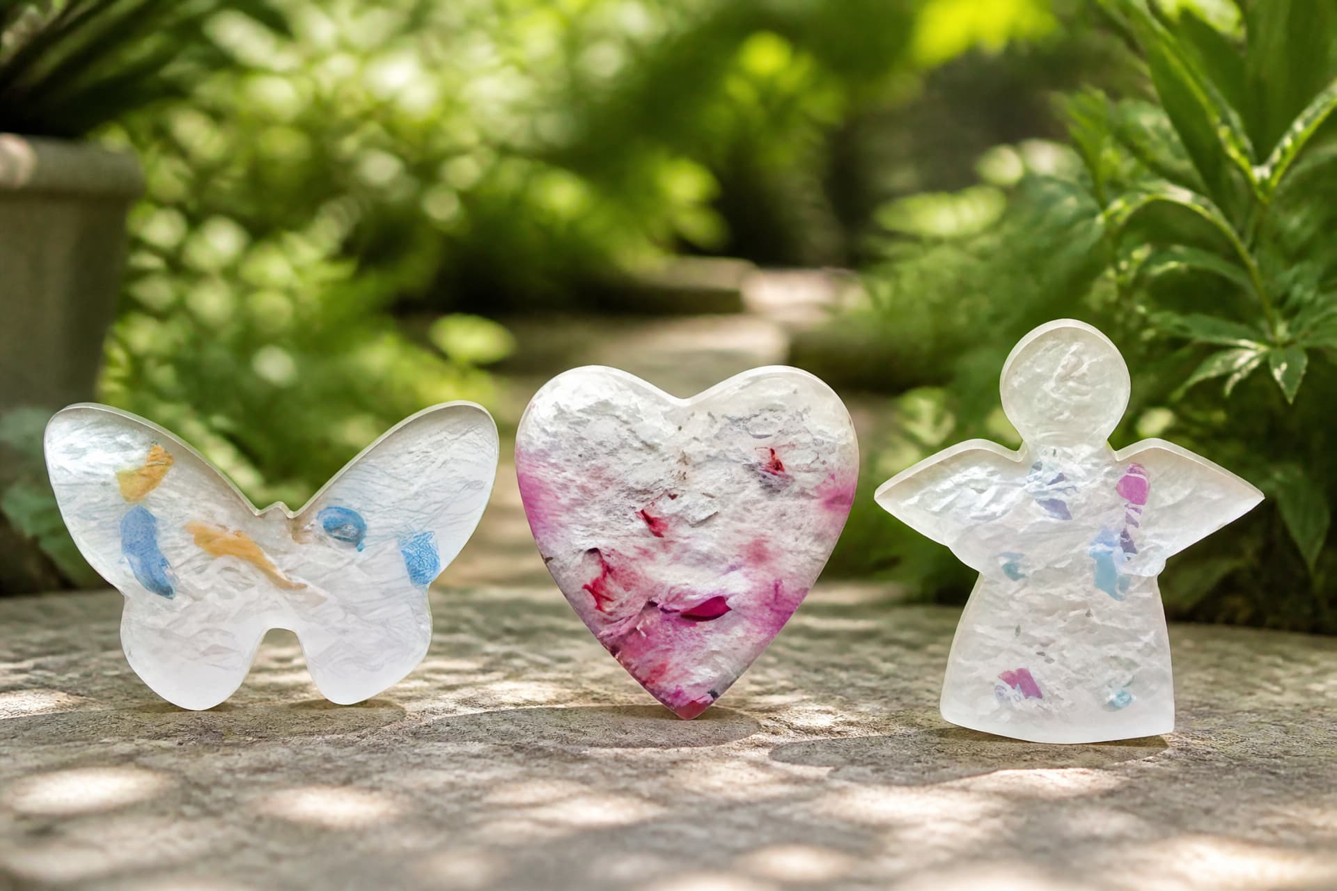 Three plantable seeded-paper memorial keepsakes standing on a sunlit garden path, a white butterfly shape, a pink-flecked heart and a white angel figure, with ferns out of focus behind
