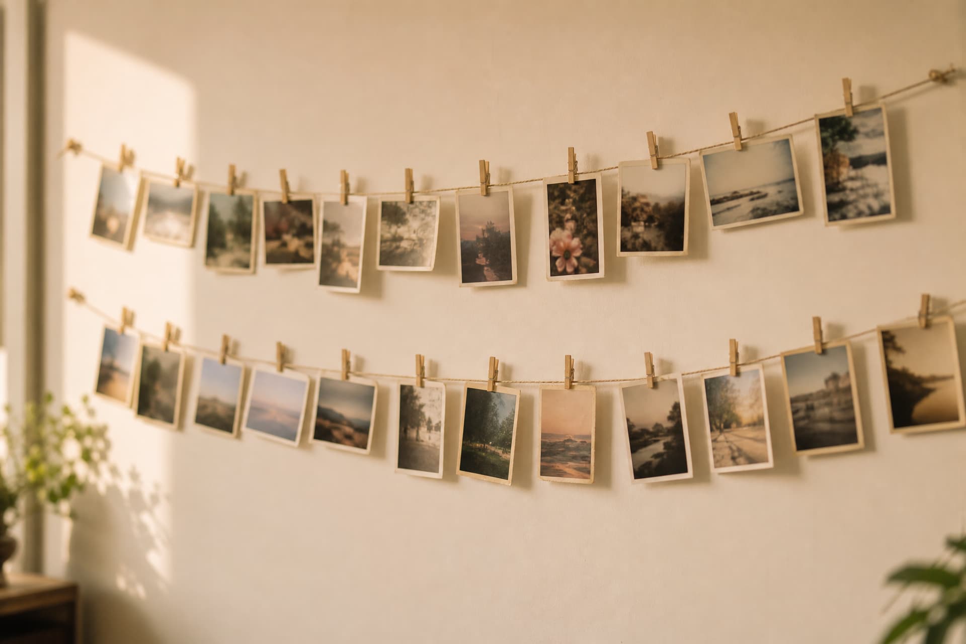 Two rows of about thirty small photographic prints pegged to lengths of string across a pale wall with little wooden clothespins, the prints at varying angles and of visibly different ages and formats, in warm daylight