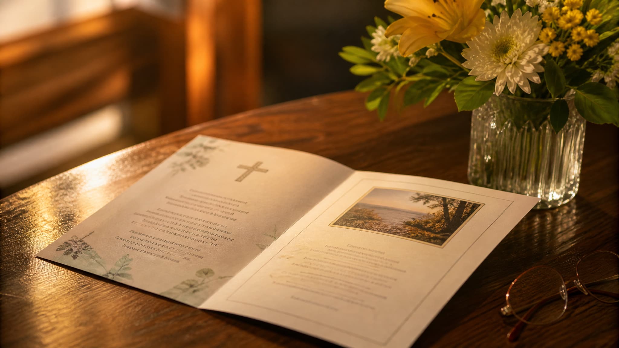A folded memorial program lying open on a wooden table beside a small vase of yellow and white flowers in warm afternoon light, the printed lines soft and unreadable