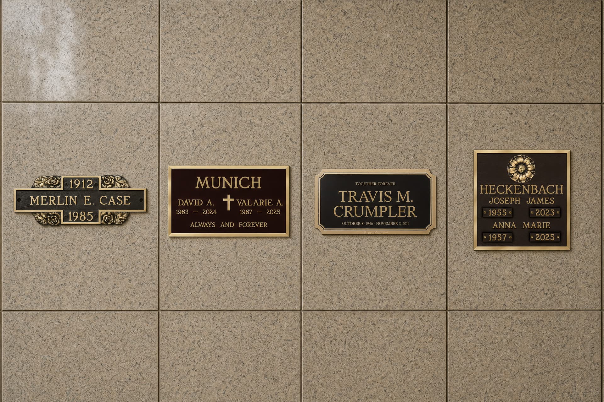 Four bronze and granite niche plaques of different shapes mounted on a pale granite columbarium wall, each carrying a name and dates and one with a raised floral emblem