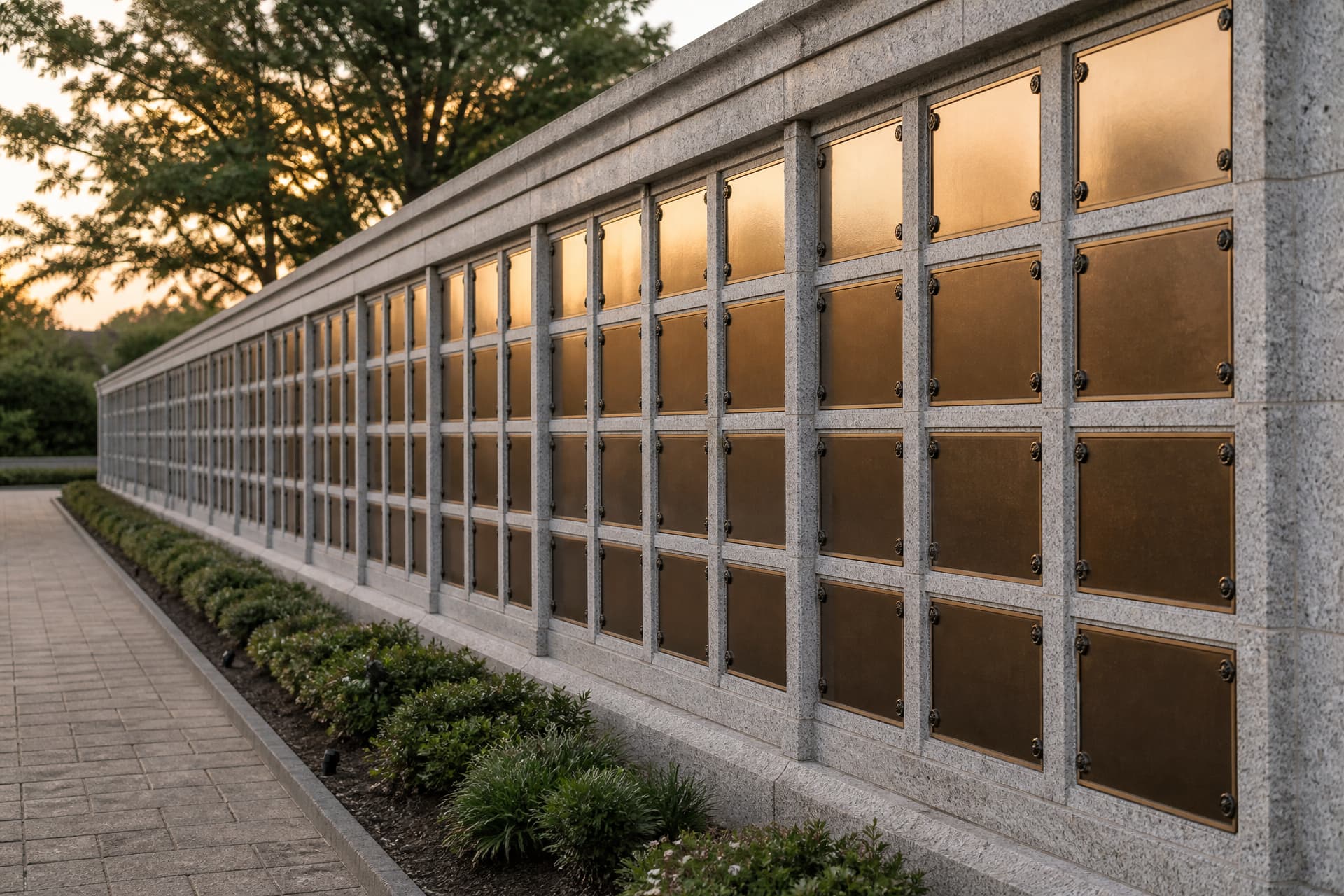A long outdoor granite columbarium wall in a memorial garden, a continuous grid of identical polished bronze niche fronts set into pale granite with low planting and a paved path in front