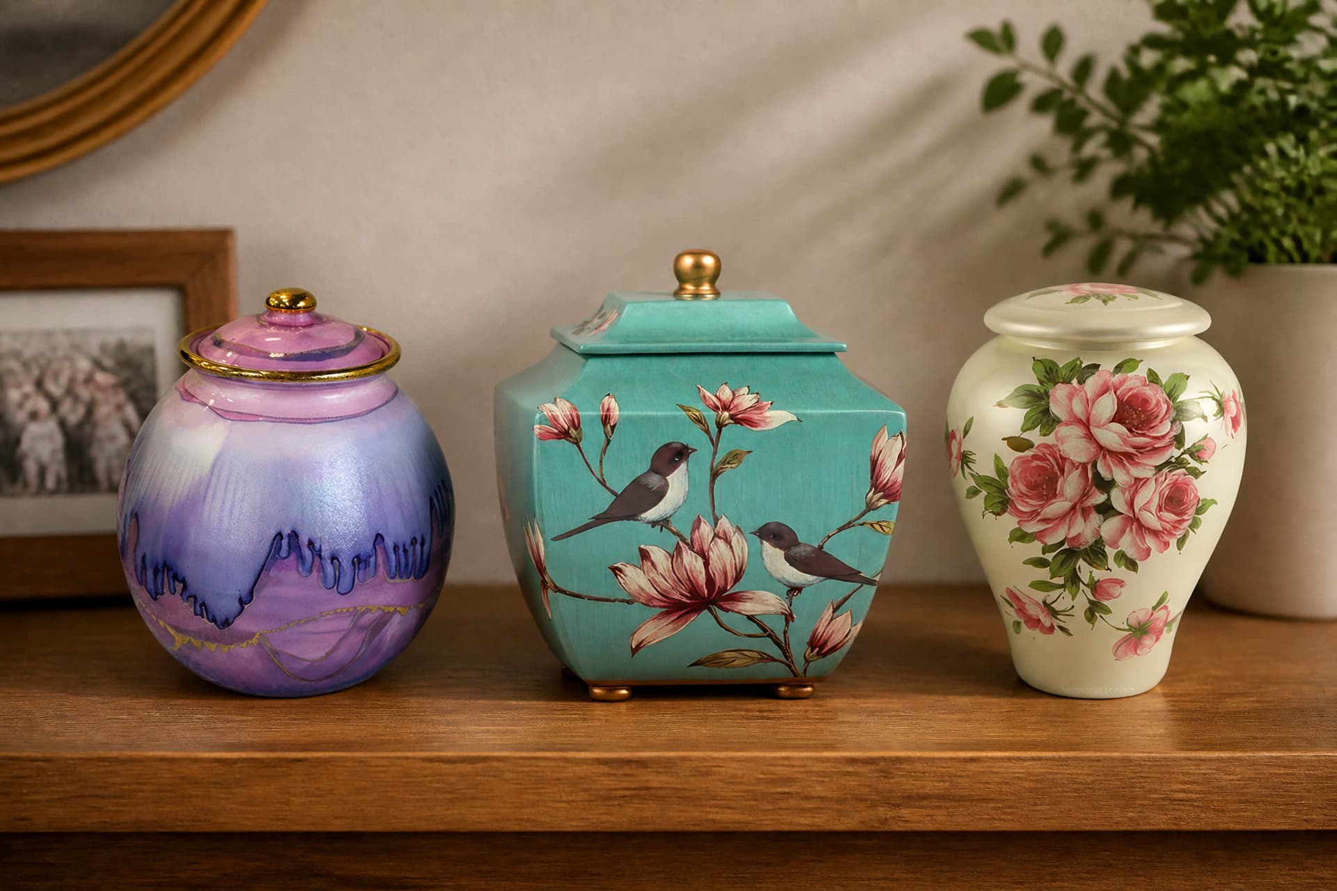 Three glazed ceramic cremation urns standing on a wooden shelf at home, one in purple and pink luster glaze, one teal with painted songbirds and magnolia, one cream with painted roses