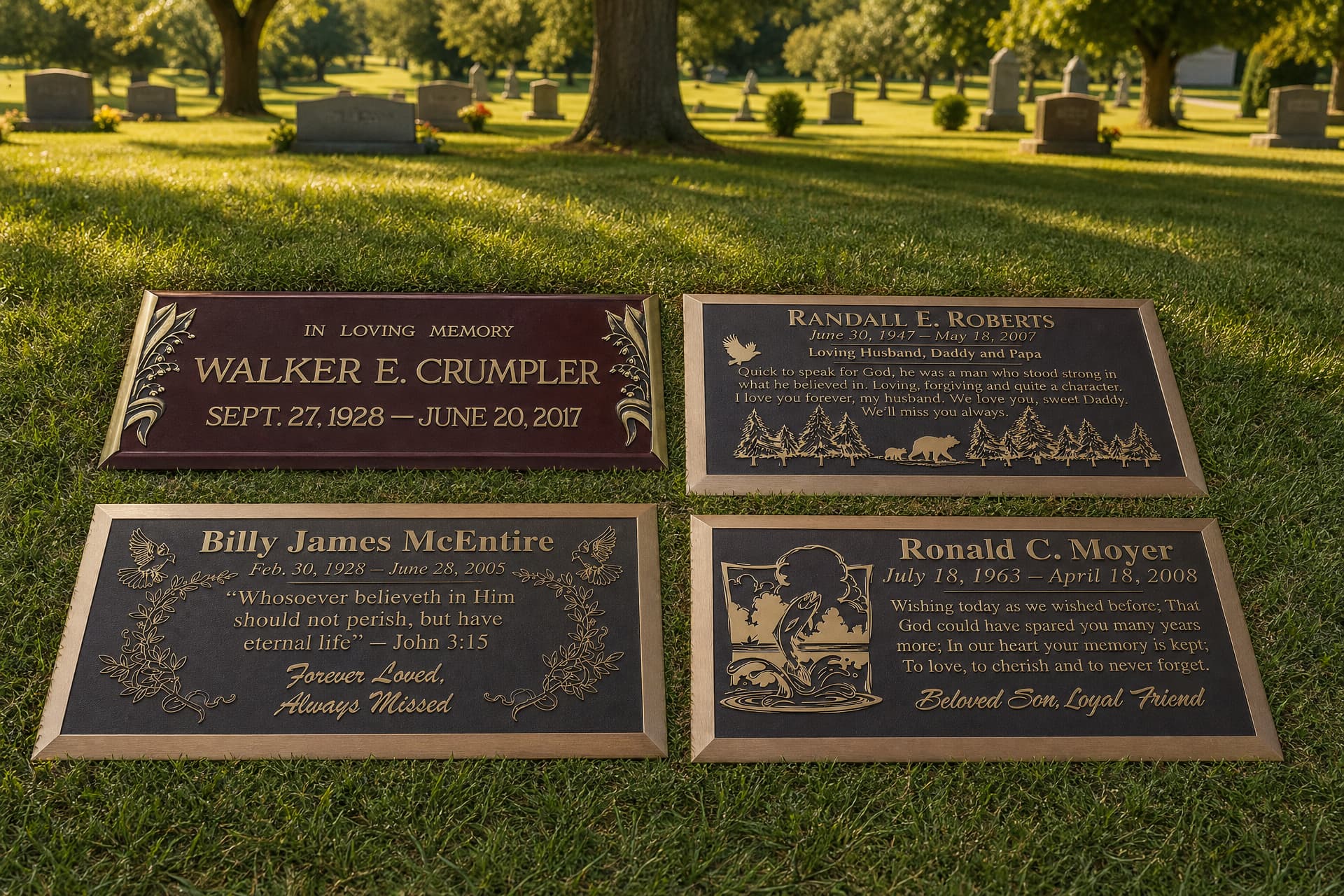 Four cast bronze memorial plaques in different sizes and border styles laid face up on a sunlit cemetery lawn, each carrying a name, dates and an engraved emblem