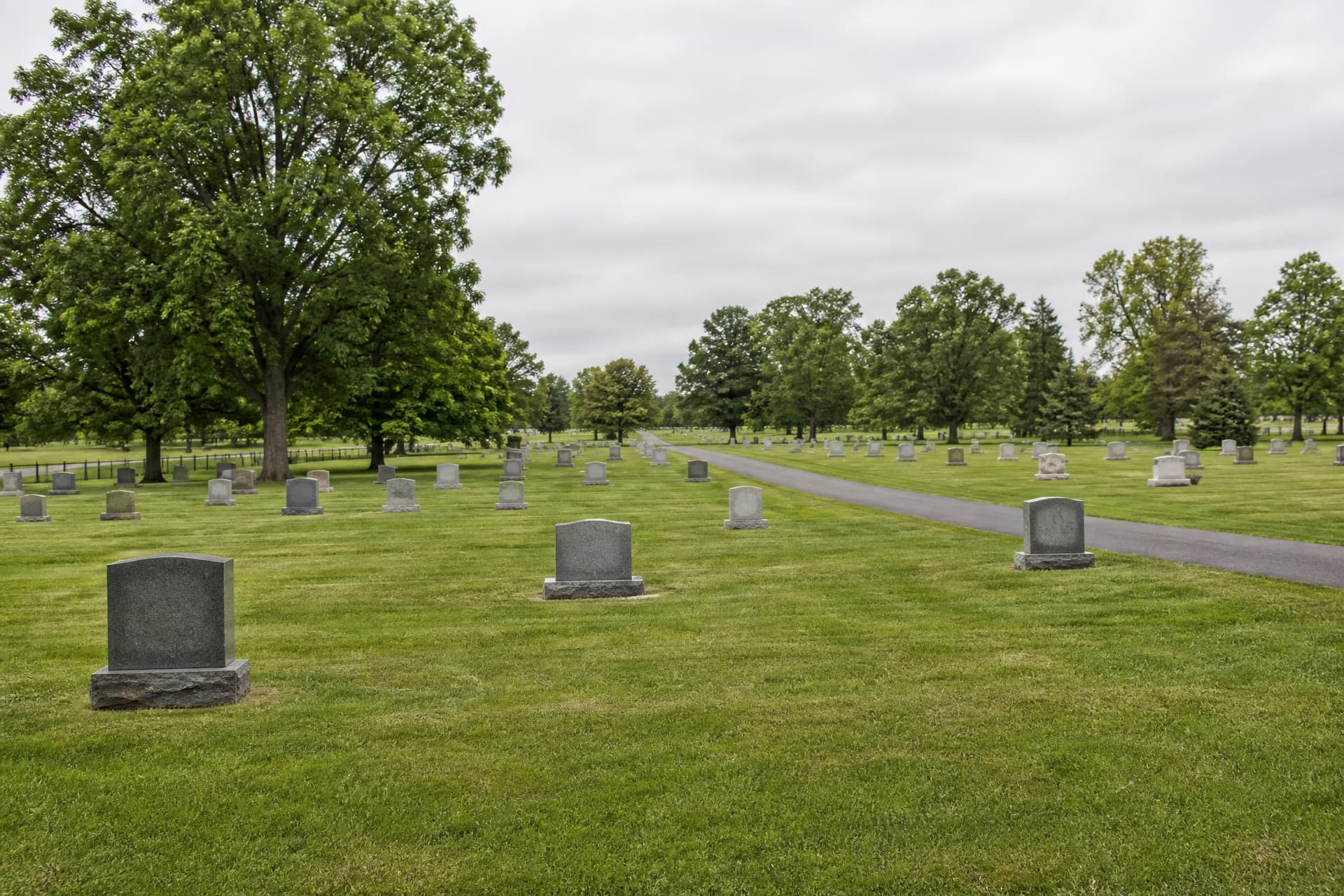 A large American lawn cemetery on an overcast morning: broad mown grass, widely spaced granite monuments in surveyed straight rows, a paved road curving through and mature specimen trees