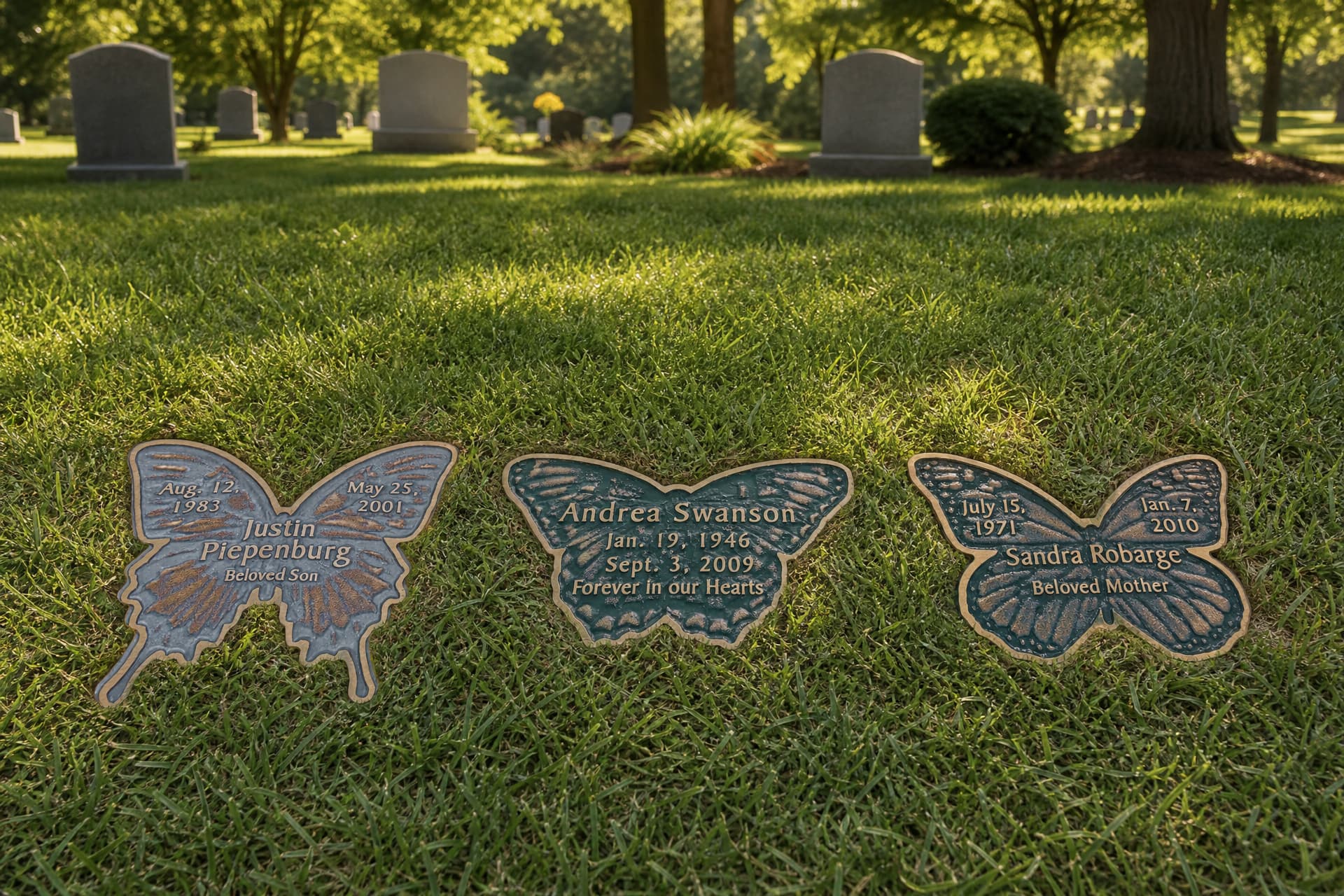 Three butterfly-shaped cast bronze grave markers set flush in mown cemetery grass, each with a name, dates and a short line of tribute across the wings