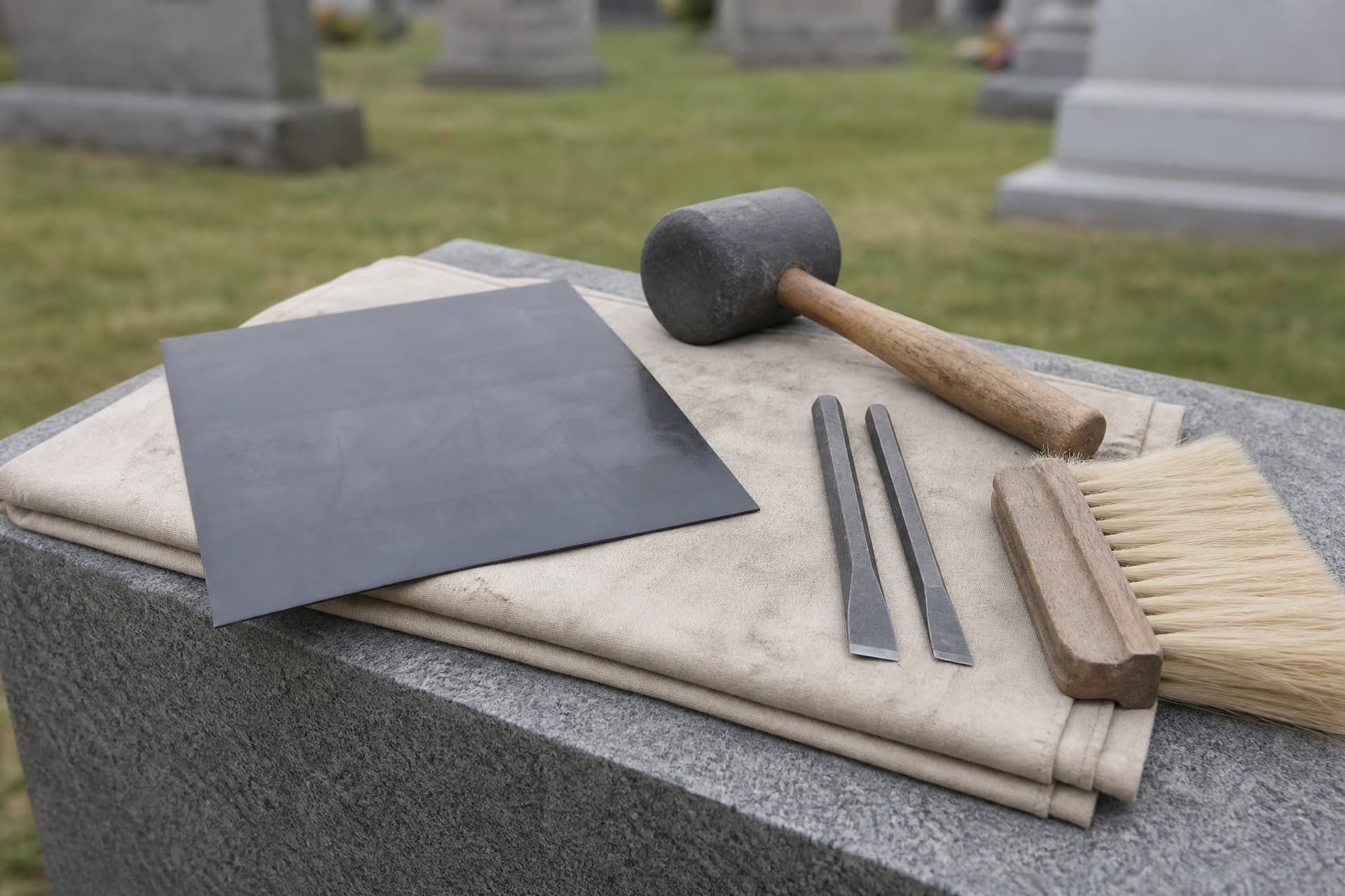 A stonemason's kit laid out on a folded cloth on top of a granite headstone at a graveside, with an uncut rubber stencil sheet, a small mallet, two lettering chisels and a dusting brush
