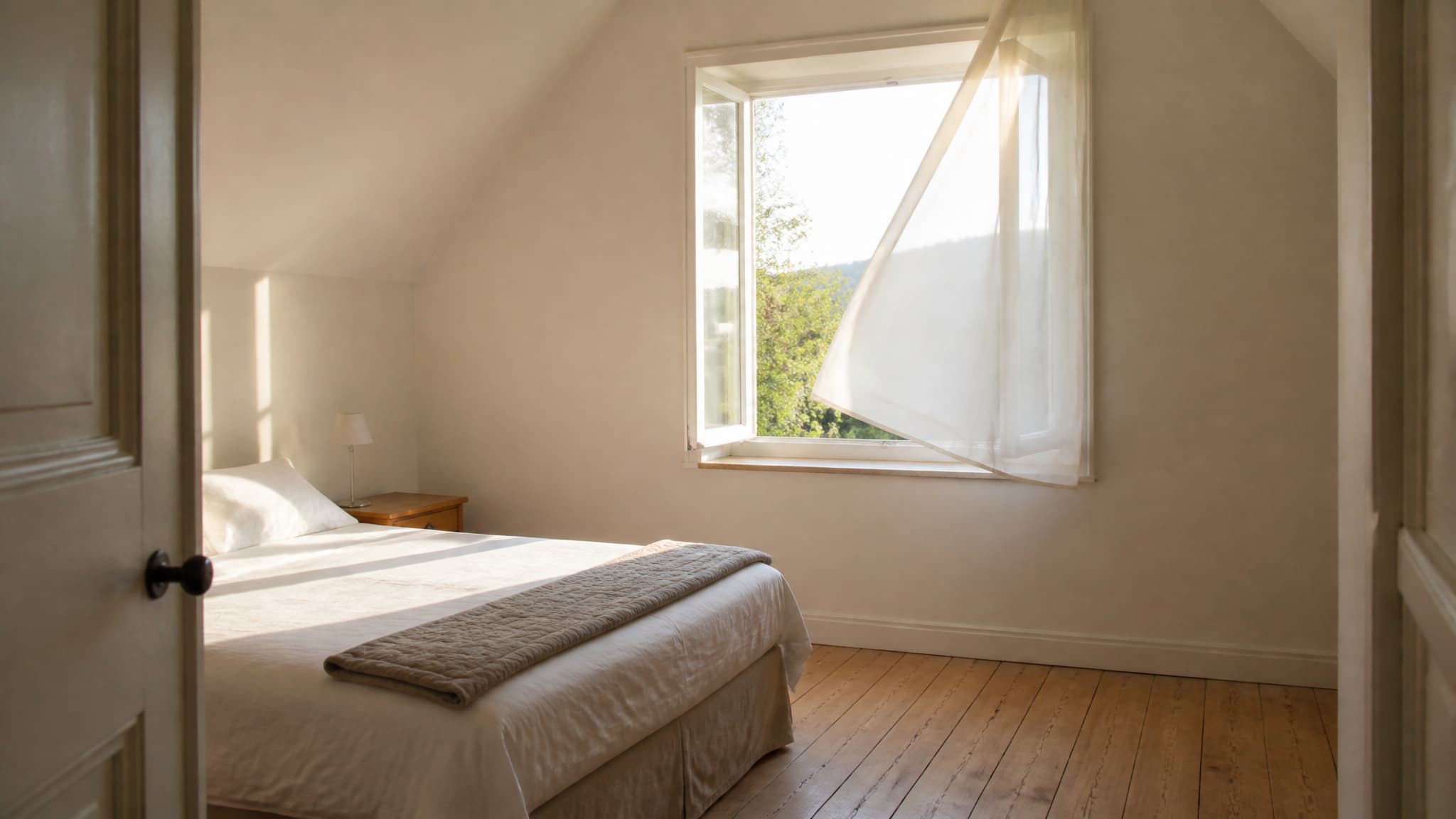 A quiet bedroom in early morning with the window pushed fully open and a plain white curtain lifting inward, low sun falling across a made bed with white linen