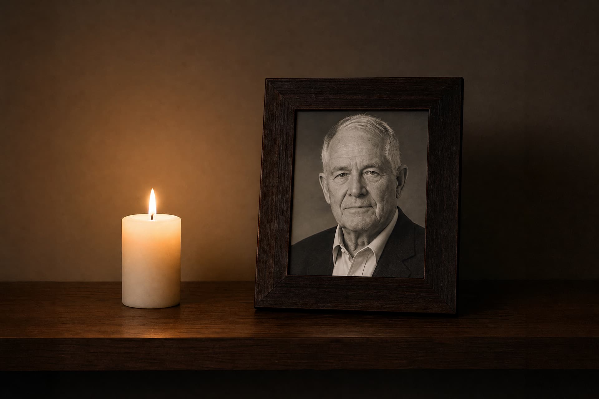 A single white candle burning on a bare wooden shelf at dusk beside a small framed black-and-white portrait of an older man, the frame facing the room