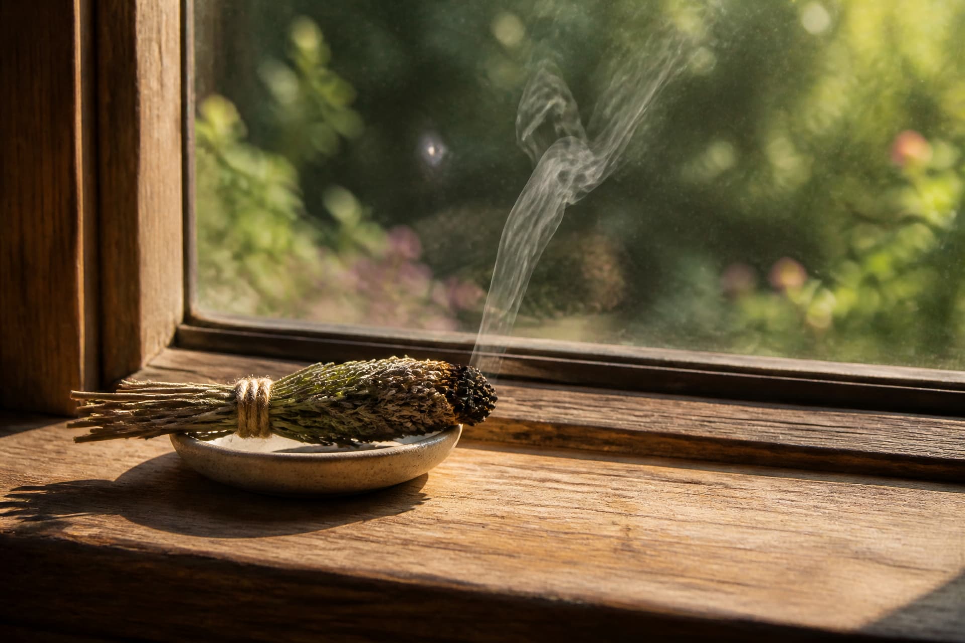 A small ceramic dish on a sunlit windowsill holding a smoldering bundle of dried herbs with a thin line of smoke rising
