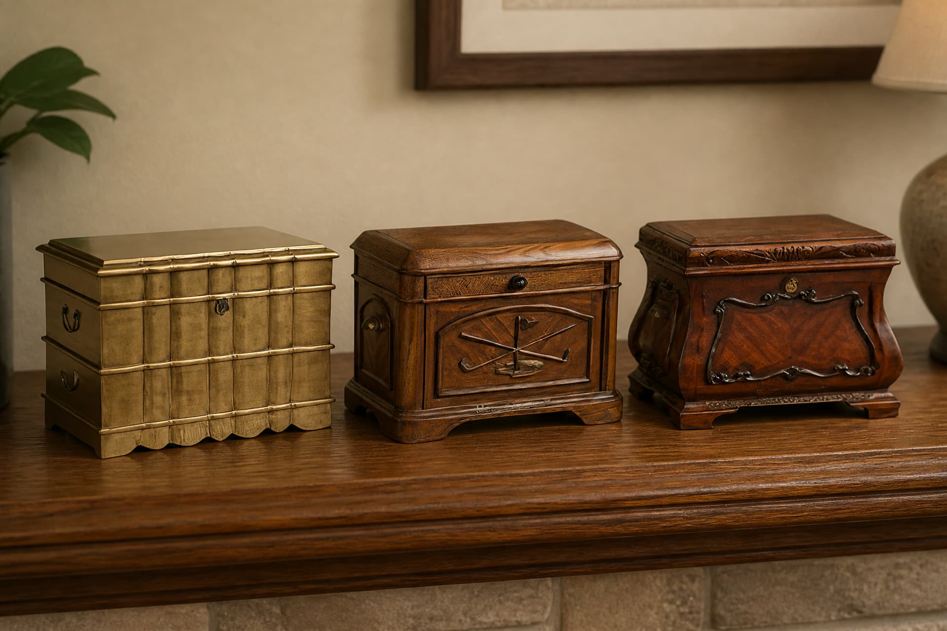 Three wooden memento chests with hinged lids standing in a row on a wooden mantel in a family home