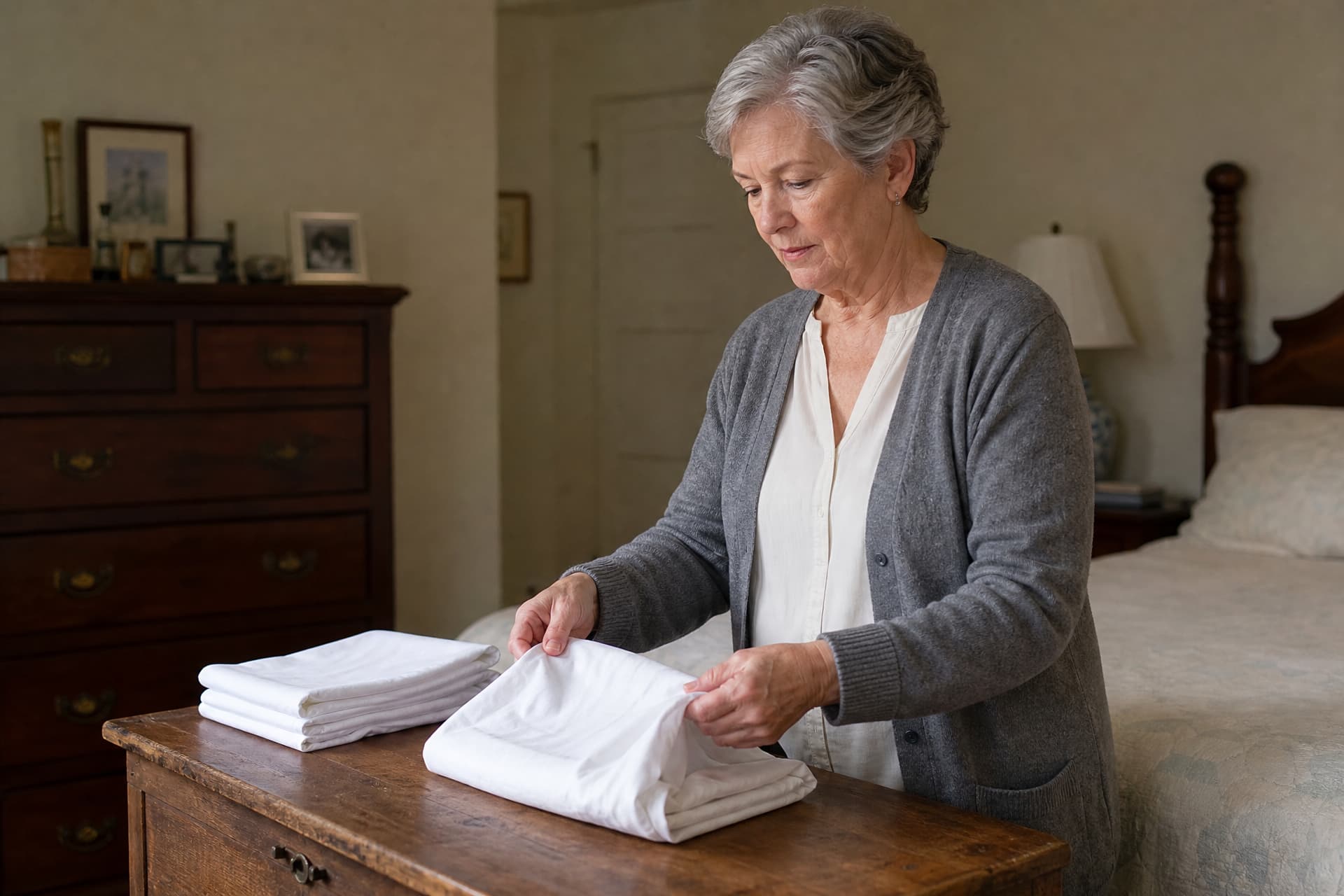 A woman in her sixties in a gray cardigan folding freshly laundered white bed linen on a wooden chest at the foot of a bed, one small folded stack beside her hands