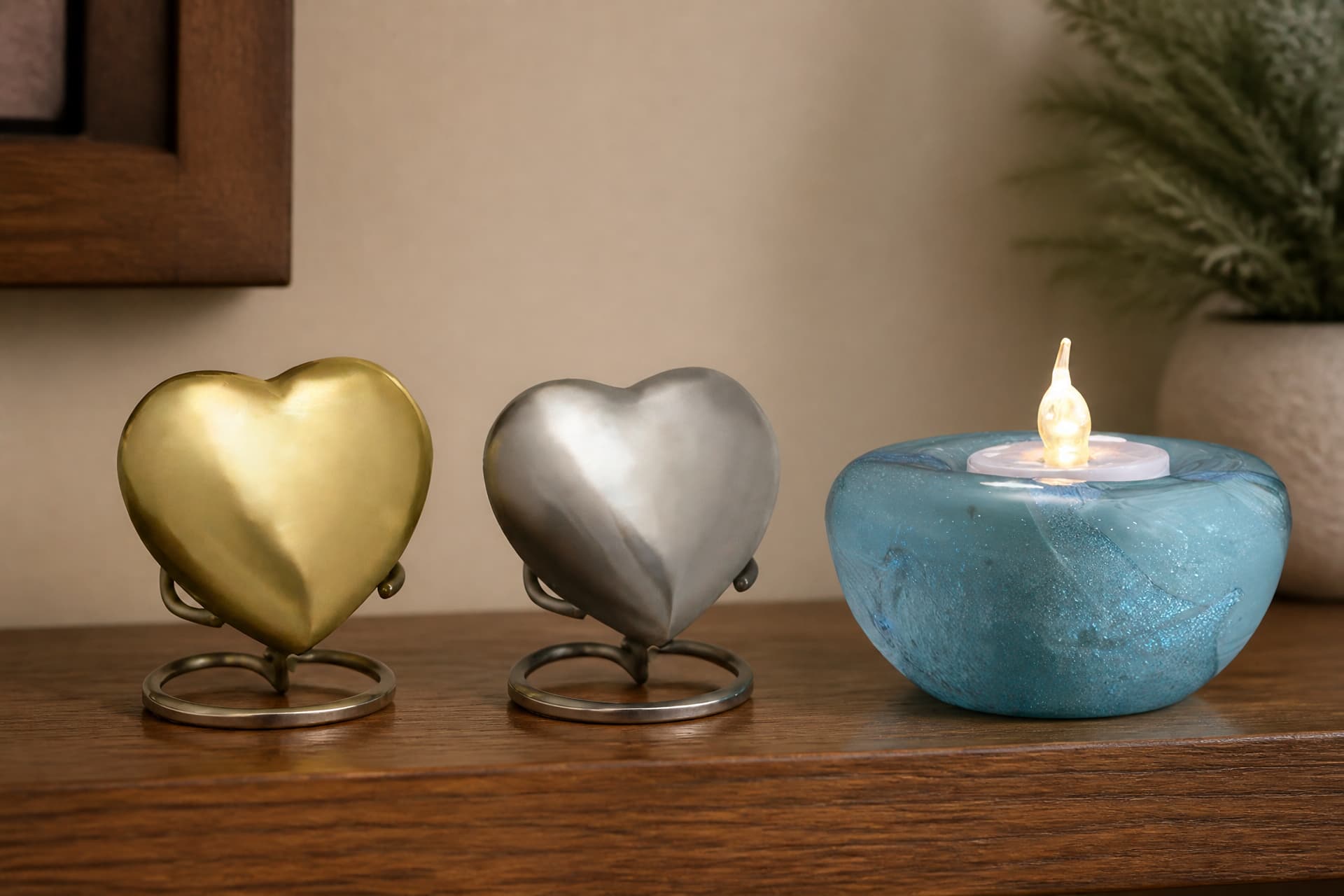 A brushed gold heart keepsake and a pewter heart keepsake, each on a small ring stand, beside an aqua glass candle holder with a lit tea light, on a wooden sideboard