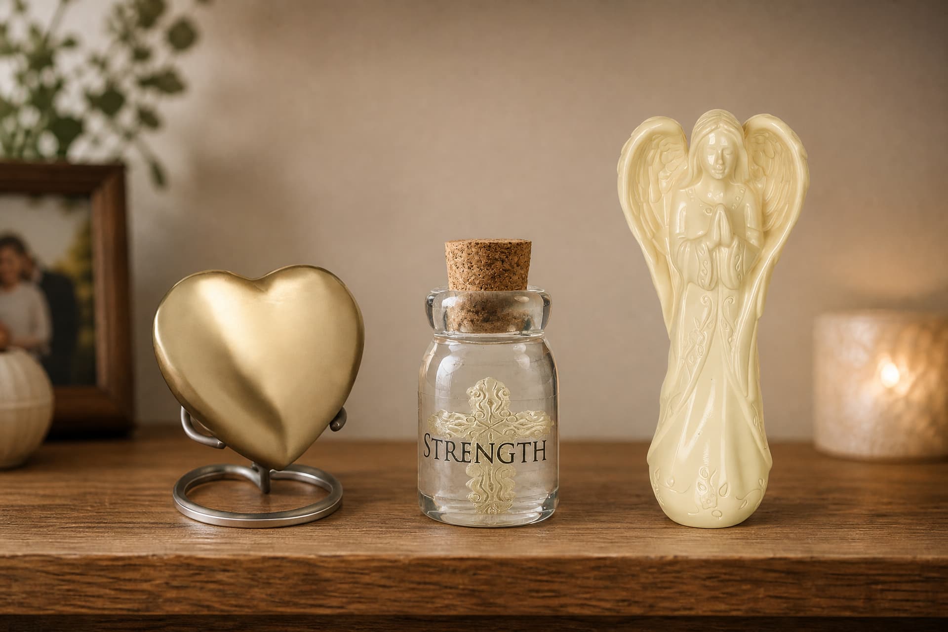A brass heart keepsake on a ring stand, a glass keepsake charm bottle marked Strength and a cream ceramic praying angel figurine displayed together on a wooden shelf